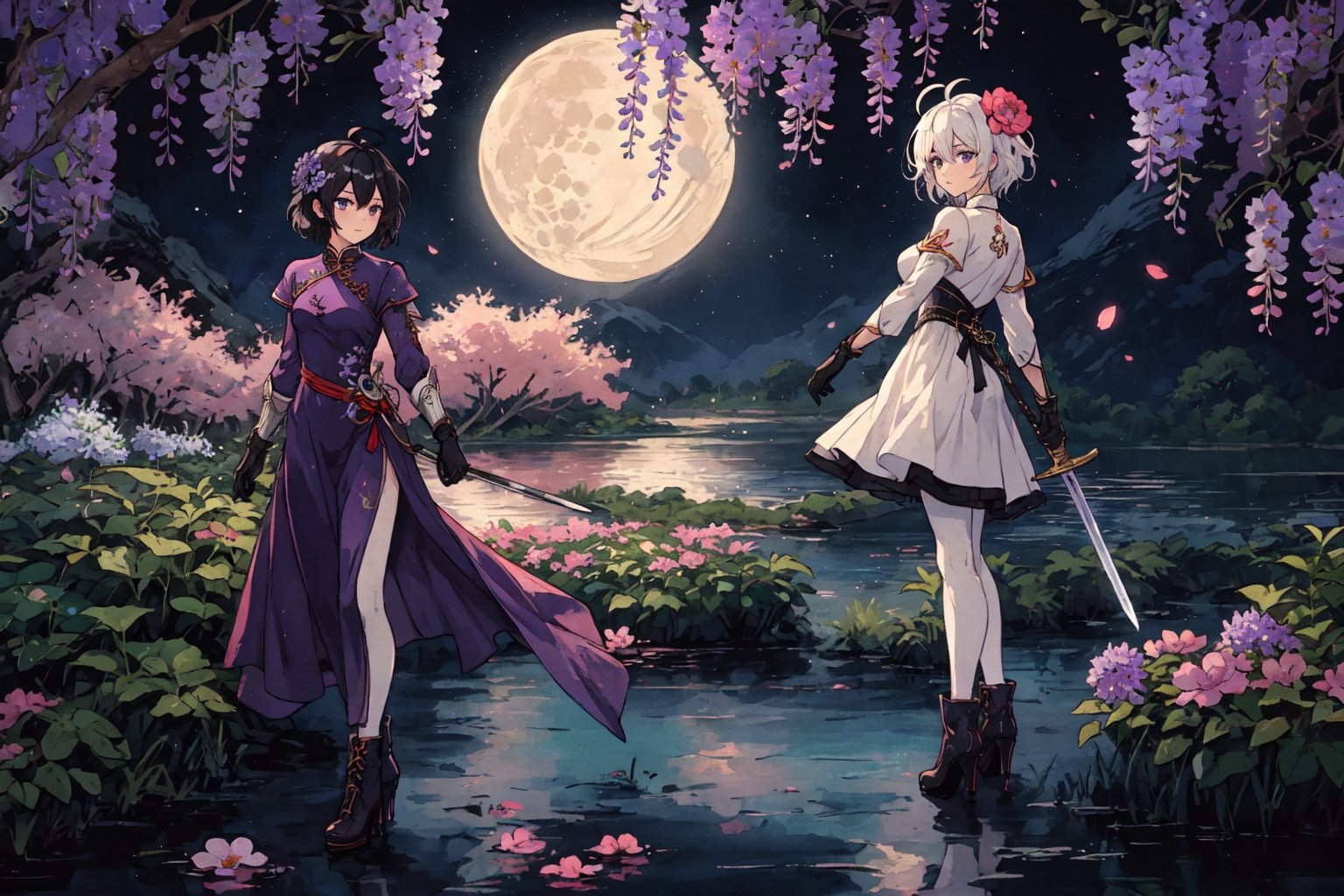 1girl, solo, looking at viewer, short hair, hair ornament, gloves, long sleeves, dress, holding, hair between eyes, closed mouth, standing, purple eyes, full body, weapon, wisteria flowers, ahoge, white hair, black pantyhose, multicolored hair, boots, sword, hair flower, holding weapon, armor, high heels, holding sword, cheongsam, china dress, whiie dress with violet pattern, moon, lake behind, ink painting,(Pencil_Sketch:1.2,masterpiece