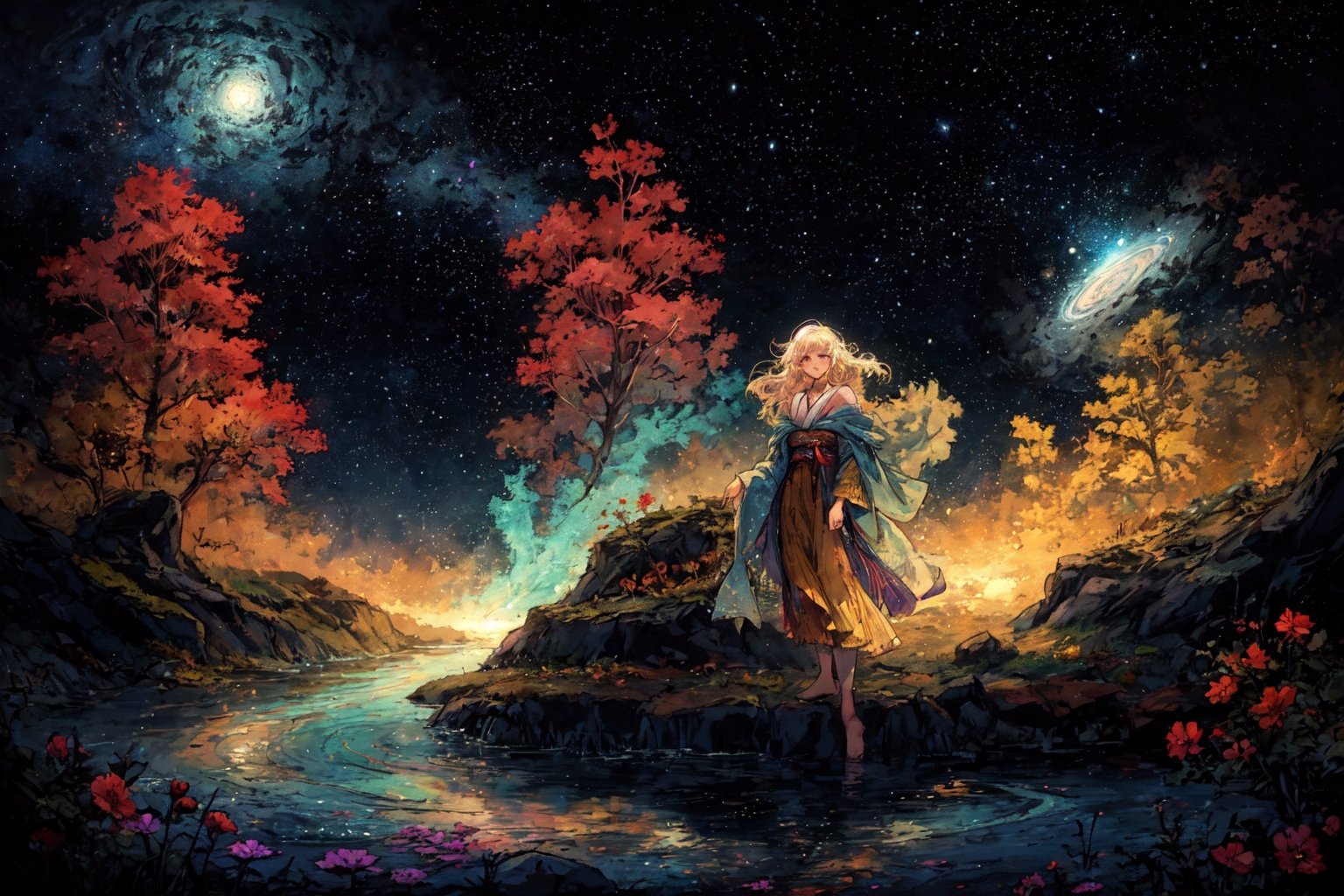 A serenely drifting Solarpunk galactic nomad, exuding tranquility and harmony amidst the stars. This game concept art is a digital painting, showcasing the character floating in a shimmering nebula. Their ethereal presence is highlighted by glowing flora woven into their flowing robes, reflecting the vibrant hues of distant planets in their skin. Each intricate detail is rendered with stunning clarity, immersing the viewer in a world of cosmic beauty and peace.,(Pencil_Sketch:1.2,masterpiece, messy lines,best quality