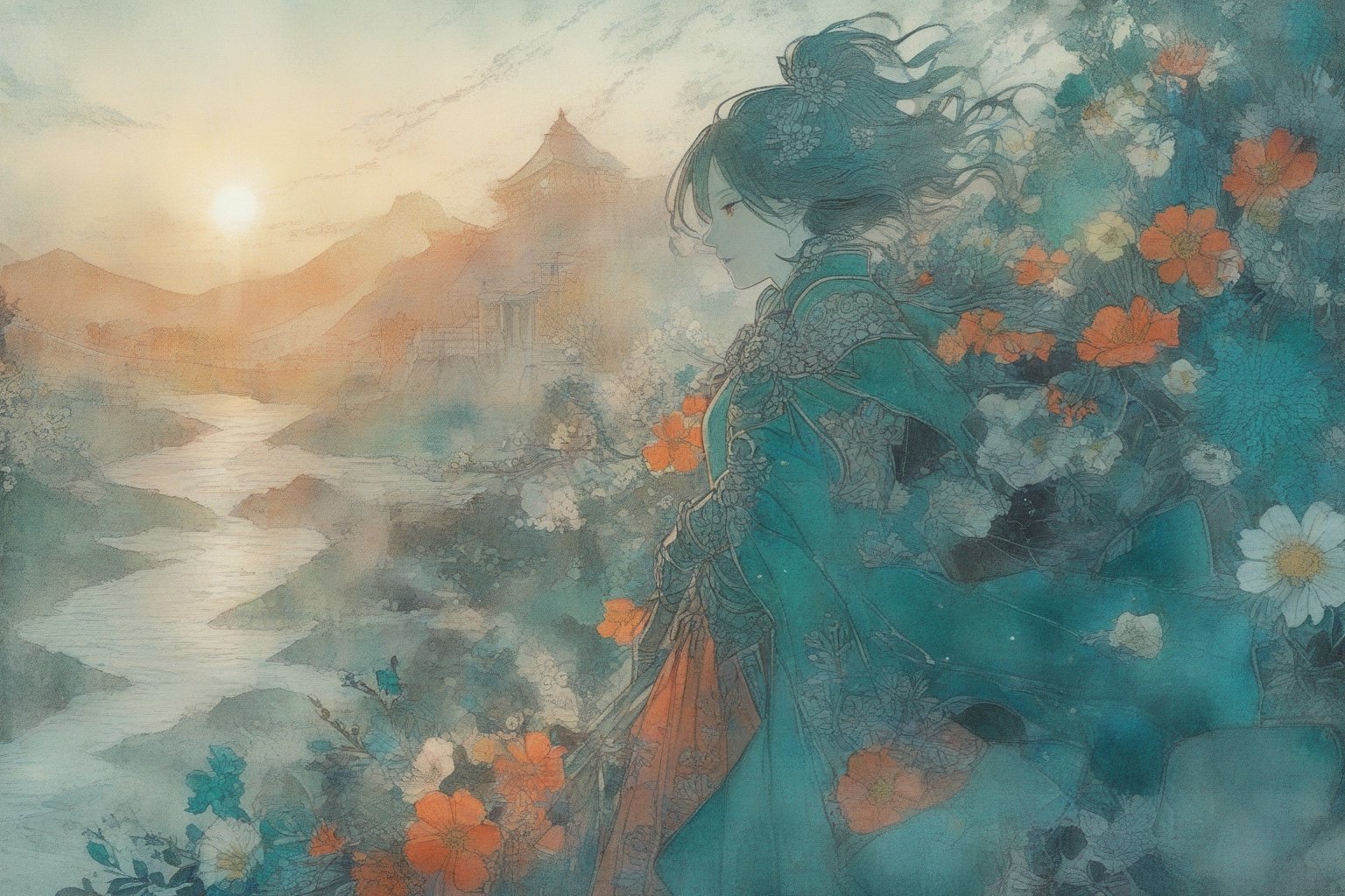 Official Art, Unity 8K Wallpaper, Extreme Detailed, Beautiful and Aesthetic, Masterpiece, Top Quality, perfect anatomy, 

woman, flower dress, colorful, dark background,flower armor,green theme,exposure blend, medium shot, bokeh, (hdr:1.4), high contrast, (cinematic, teal and orange:0.85), (muted colors, dim colors, soothing tones:1.3), low saturation,

a beautifully drawn (((ink illustration))) depicting, vintage, orange and teal accents, watercolor painting, concept art, (best illustration), (best shadow), Analog Color Theme, vivid colours, contrast, smooth, sharp focus, scenery, 

(Pencil_Sketch:1.2,masterpiece, midjourney, best quality, incredibly absurdres, messy lines,high detail eyes,More Detail,perfect light,portrait, ,more detail XL,Ukiyo-e