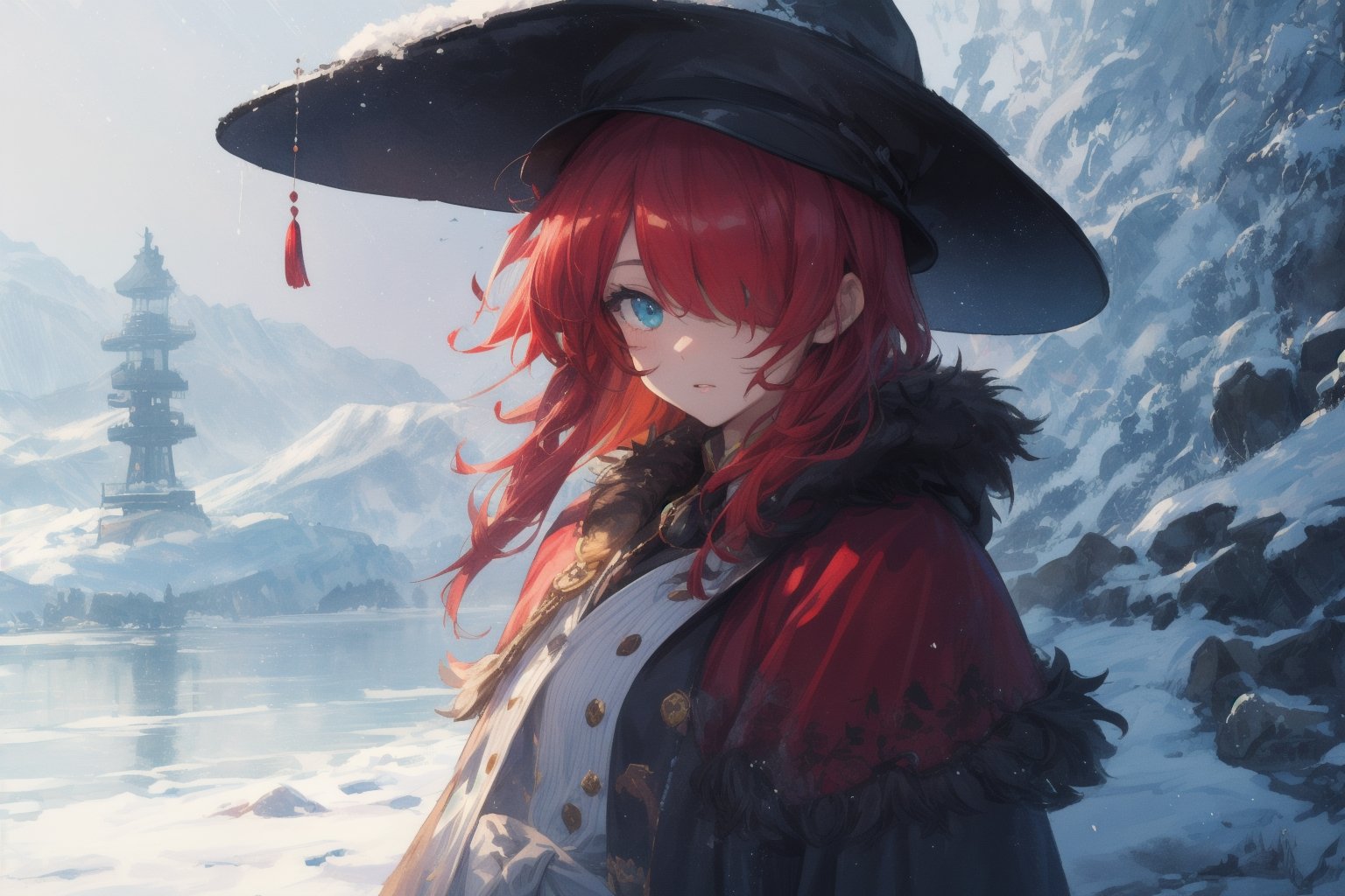 Official Art, Unity 8K Wallpaper, Extreme Detailed, Beautiful and Aesthetic, Masterpiece, Top Quality, perfect anatomy, 

1girl, solo, very long hair, bangs, blue eyes, skirt, indigo vest, long sleeves, hat, red hair, cape, hair over one eye, fur trim, indigo headwear, heterochromia, red cloak, fur-trimmed cloak, white shirt, boots, white pants, chinese clothes, bird, Tula Province, Russian Empire,
Source of life, sparkling stars, water feeder, aquatic tune, ginger, ice water, geranium, oak, impurity glass bottle, tweed cloak, Claret homemade equestrian skirt, Plateau lakes, snow mountains

a beautifully drawn (((ink illustration))) depicting, vintage, Claret and navy blue accents, watercolor painting, concept art, (best illustration), (best shadow), Analog Color Theme, vivid colours, contrast, smooth, sharp focus, scenery, 

(Pencil_Sketch:1.2,masterpiece, midjourney, best quality, incredibly absurdres, messy lines,high detail eyes,More Detail,perfect light,portrait, ,more detail XL,Ukiyo-e, ,ink,colorful,samurai