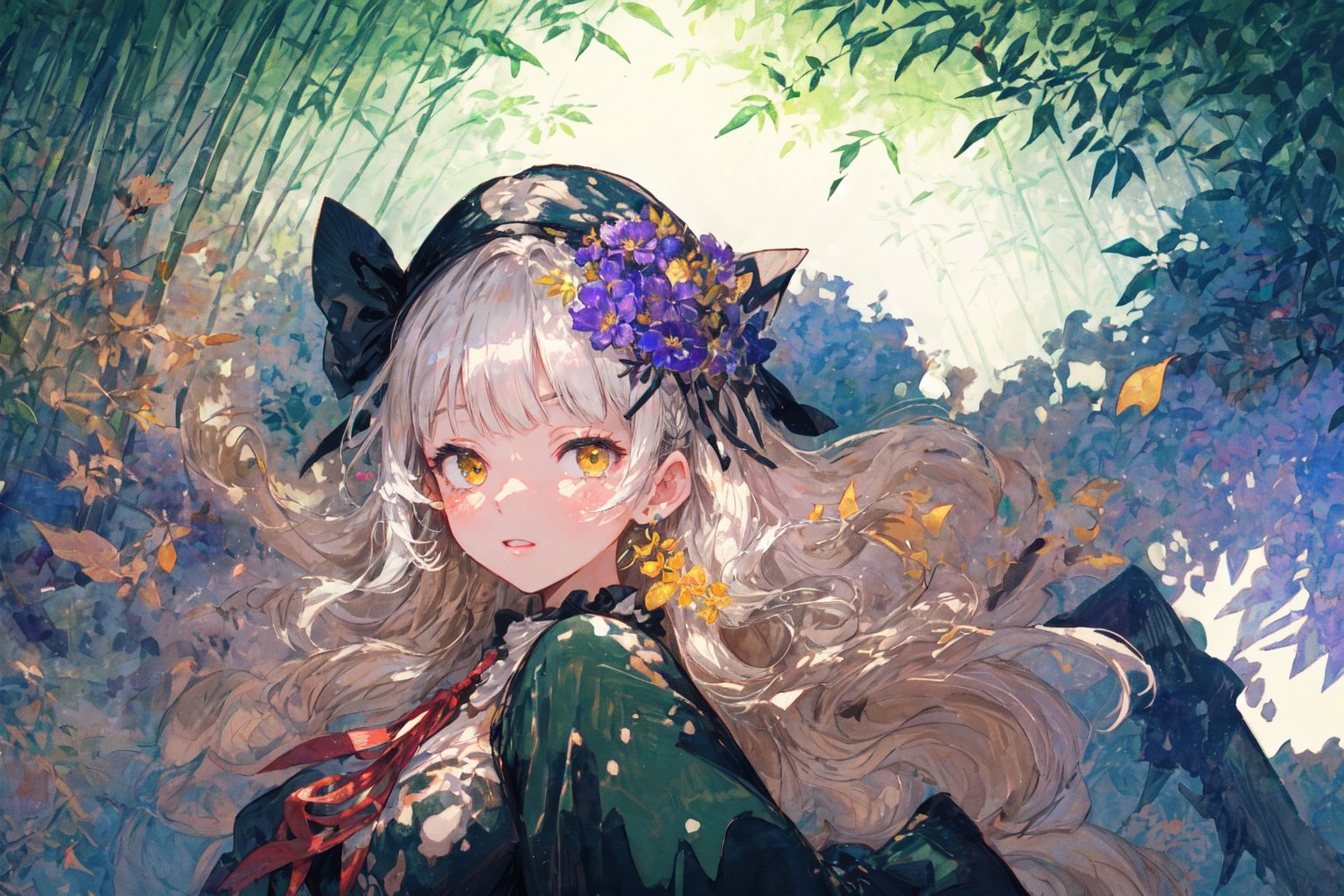 Official Art, Unity 8K Wallpaper, Extreme Detailed, Beautiful and Aesthetic, Masterpiece, Top Quality, perfect anatomy, 

1girl, solo, long hair, bangs, hair ornament, long sleeves, dress, very long hair, flower, frills, hair flower, wide sleeves, blunt bangs, black dress, floral print, absurdly long hair, green theme, green ribbon, bamboo forest, falling leaves

a beautifully drawn (((ink illustration))) depicting, vintage, PURPLE and YELLOW accents, watercolor painting, concept art, (best illustration), (best shadow), Analog Color Theme, vivid colours, contrast, smooth, sharp focus, scenery, 

(Pencil_Sketch:1.2,masterpiece, midjourney, best quality, incredibly absurdres, messy lines,high detail eyes,More Detail,perfect light,portrait, 