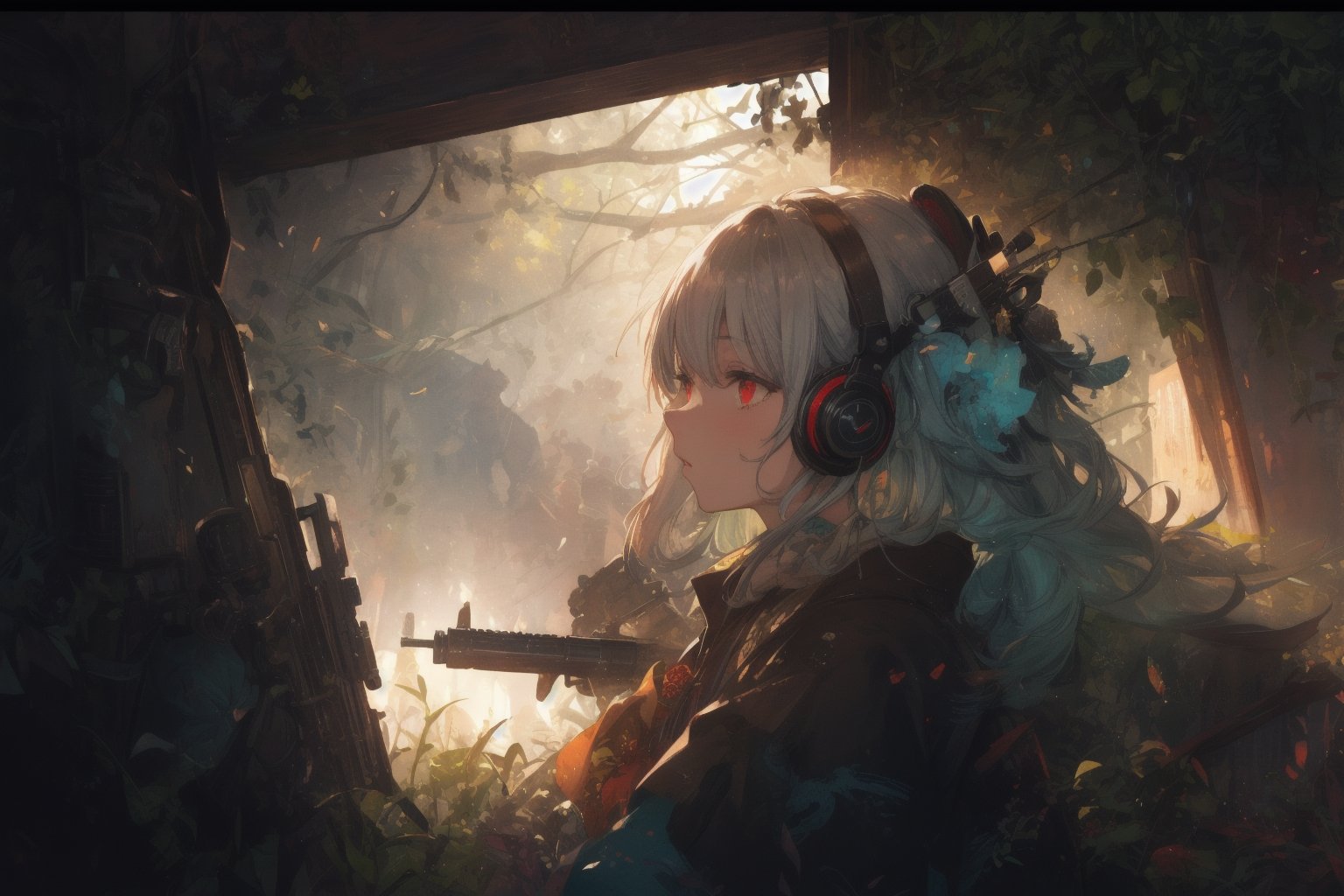 Official Art, Unity 8K Wallpaper, Extreme Detailed, Beautiful and Aesthetic, Masterpiece, Top Quality, perfect anatomy, 

1girl, solo, long hair, red eyes, thighhighs, weapon, braid, white hair, twin braids, gun, glowing, headphones, gatling gun, brown theme, woods, dusty,

a beautifully drawn (((ink illustration))) depicting, vintage, red and green accents, watercolor painting, concept art, (best illustration), (best shadow), Analog Color Theme, vivid colours, contrast, smooth, sharp focus, scenery, 

(Pencil_Sketch:1.2,masterpiece, midjourney, best quality, incredibly absurdres, messy lines,high detail eyes,More Detail,perfect light,portrait, ,more detail XL,Ukiyo-e, ,ink,colorful,samurai