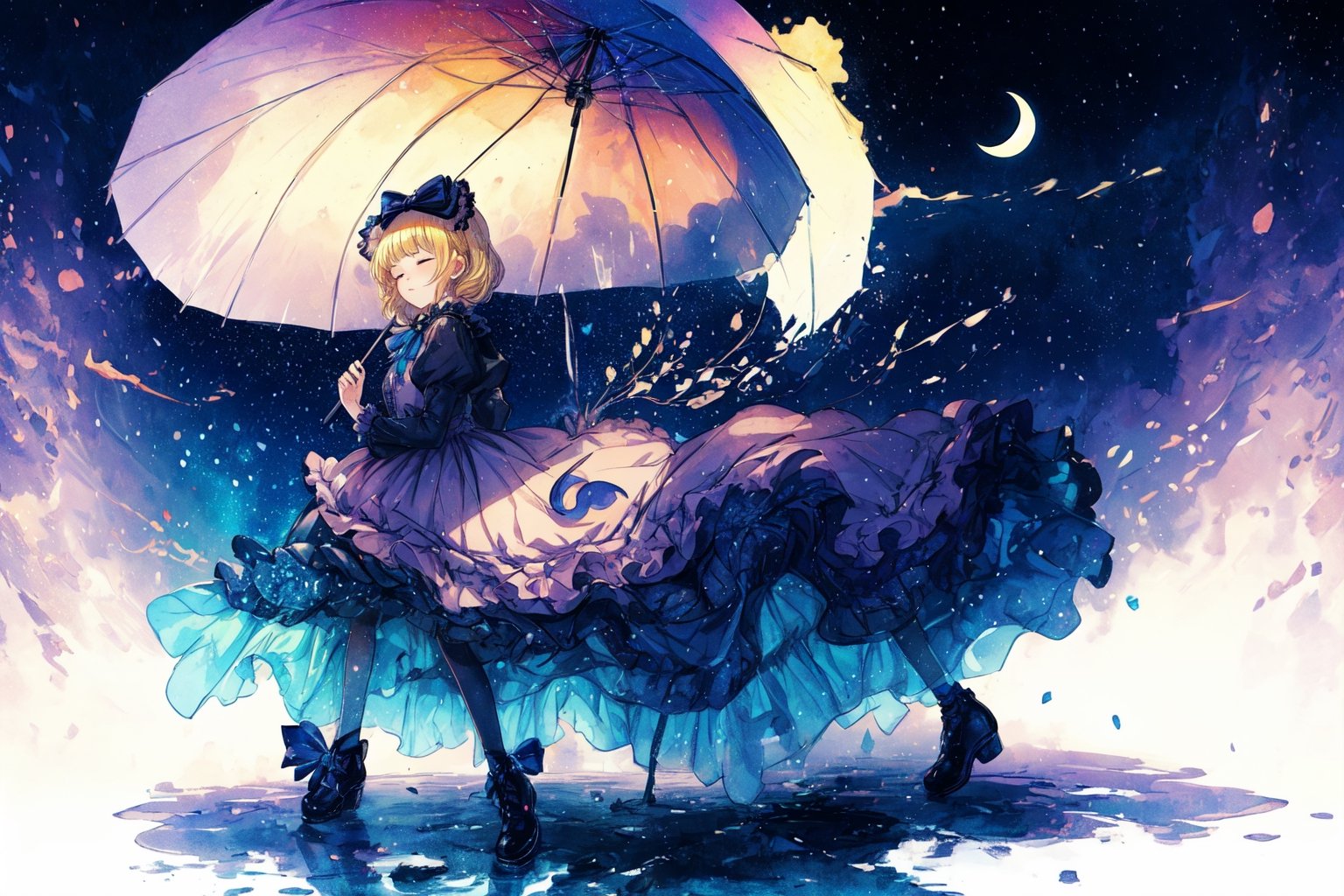 Official Art, Unity 8K Wallpaper, Extreme Detailed, Beautiful and Aesthetic, Masterpiece, Top Quality, perfect anatomy, 

1girl, solo, long hair, bangs, blonde hair, dress, bow, ribbon, holding, jewelry, standing, full body, closed eyes, pantyhose, frills, shoes, blunt bangs, star \(symbol\), blue dress, umbrella, moon, frilled dress, crescent, star \(sky\), lolita fashion, holding umbrella, petticoat, crescent moon, bonnet, constellation, 

a beautifully drawn (((ink illustration))) depicting, vintage, indigo and purple accents, watercolor painting, concept art, (best illustration), (best shadow), Analog Color Theme, vivid colours, contrast, smooth, sharp focus, scenery, 

(Pencil_Sketch:1.2,masterpiece, midjourney, best quality, incredibly absurdres, messy lines,high detail eyes,More Detail,perfect light,portrait, ,more detail XL, 