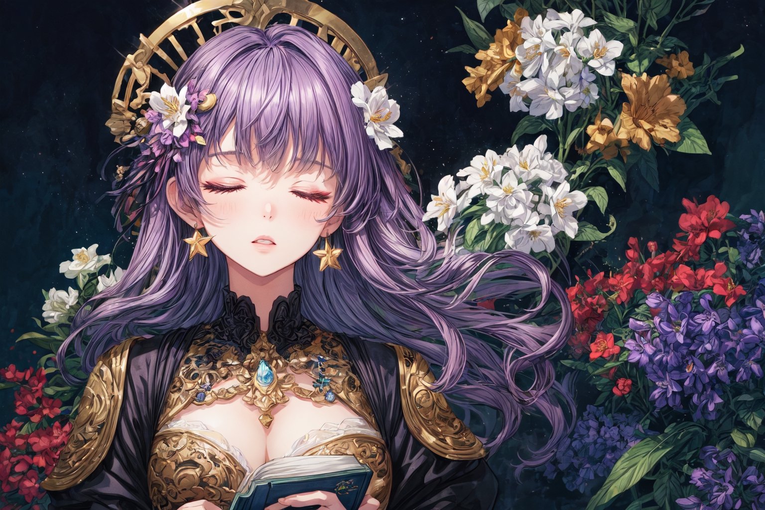 Official Art, Unity 8K Wallpaper, Extreme Detailed, Beautiful and Aesthetic, Masterpiece, Top Quality, perfect anatomy, 

1girl, solo, long hair, bangs, hair ornament, dress, jewelry, closed eyes, upper body, purple hair, flower, earrings, parted lips, hair flower, head tilt, book, eyelashes, makeup, halo, white flower, crescent, facing viewer, book stack, hyacinth, star_(sky), 

a beautifully drawn (((ink illustration))) depicting, vintage, RED and INDIGO accents, watercolor painting, concept art, (best illustration), (best shadow), Analog Color Theme, vivid colours, contrast, smooth, sharp focus, scenery, 

(Pencil_Sketch:1.2,masterpiece, midjourney, best quality, incredibly absurdres, messy lines,high detail eyes,More Detail,perfect light,portrait, 