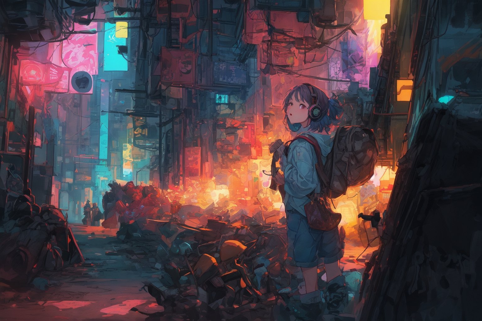 Official Art, Unity 8K Wallpaper, Extreme Detailed, Beautiful and Aesthetic, Masterpiece, Top Quality, perfect anatomy, 

Dreampolis, hyper-detailed digital illustration, cyberpunk, stranger things background theme , scared expression, 17 y. o. single girl headphones in the street, neon lights, lighting bar, city, cyberpunk city, film still, backpack, in megapolis, pro-lighting, high-res, masterpiece, looking_at_viewer, full body,neon photography style, visible legs, wearing jean shorts, visible face, detailed face,

a beautifully drawn (((ink illustration))) depicting, vintage, pink and blue accents, watercolor painting, concept art, (best illustration), (best shadow), Analog Color Theme, vivid colours, contrast, smooth, sharp focus, scenery, 

(Pencil_Sketch:1.2,masterpiece, midjourney, best quality, incredibly absurdres, messy lines,high detail eyes,More Detail,perfect light,portrait, ,more detail XL,Ukiyo-e