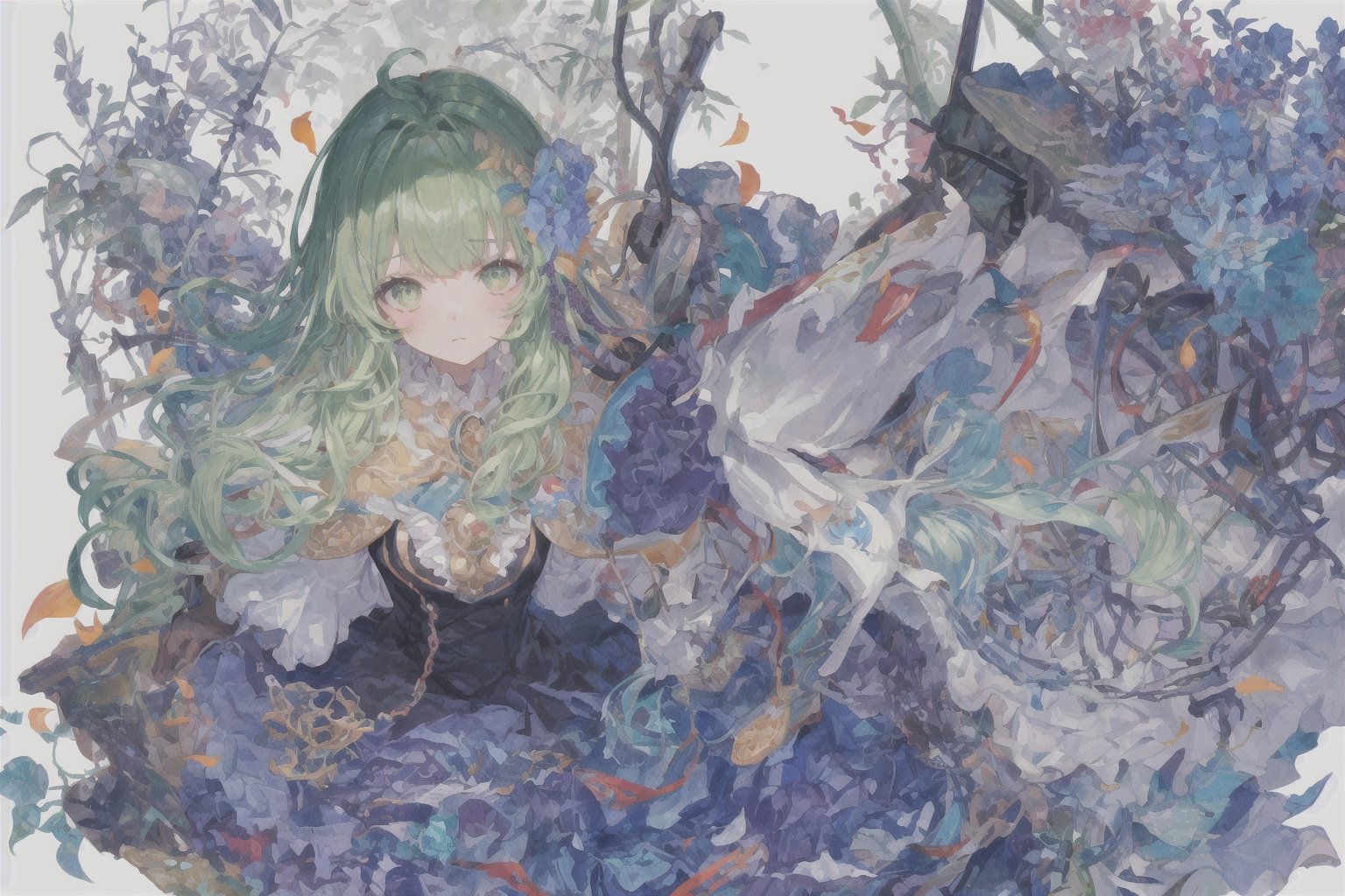 Official Art, Unity 8K Wallpaper, Extreme Detailed, Beautiful and Aesthetic, Masterpiece, Top Quality, perfect anatomy, 

1girl, solo, long hair, bangs, hair ornament, long sleeves, dress, very long hair, flower, frills, hair flower, wide sleeves, blunt bangs, black dress, floral print, absurdly long hair, green theme, green ribbon, bamboo forest, falling leaves

a beautifully drawn (((ink illustration))) depicting, vintage, PURPLE and YELLOW accents, watercolor painting, concept art, (best illustration), (best shadow), Analog Color Theme, vivid colours, contrast, smooth, sharp focus, scenery, 

(Pencil_Sketch:1.2,masterpiece, midjourney, best quality, incredibly absurdres, messy lines,high detail eyes,More Detail,perfect light,portrait, 