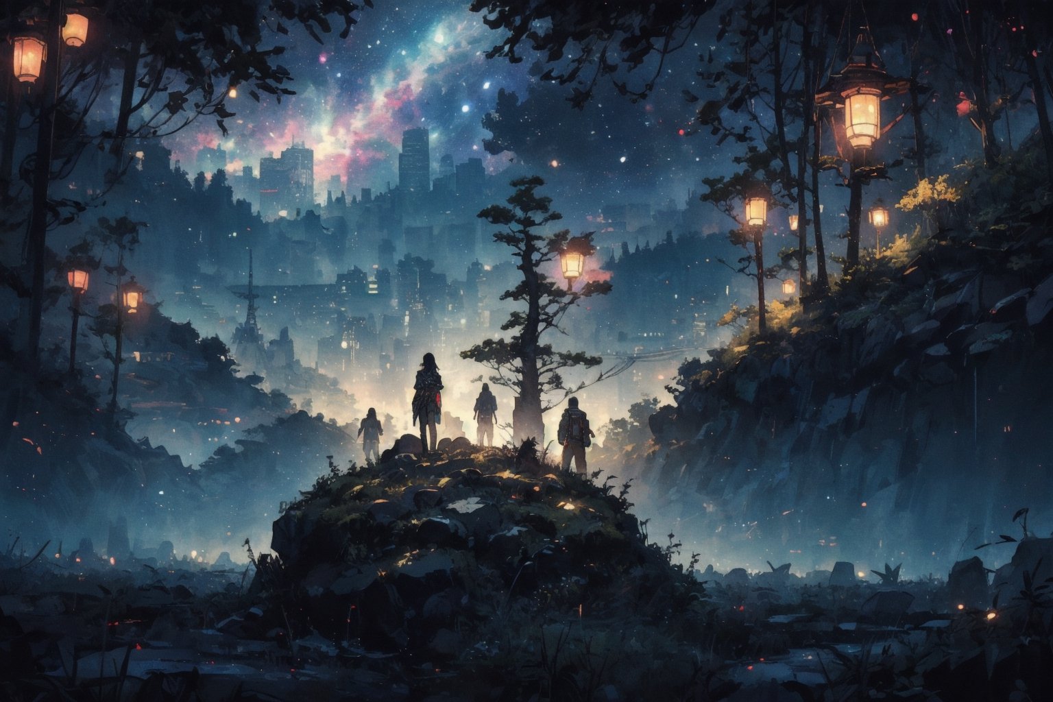 Official Art, Unity 8K Wallpaper, Extreme Detailed, Beautiful and Aesthetic, Masterpiece, Top Quality, perfect anatomy, 

In a mesmerizing cyberpunk realm, a futuristic android warrior stands tall amidst neon-lit skyscrapers and holographic signs, her metallic exoskeleton gleaming with intricate patterns and glowing circuits, the lunar augmented binary tree sits atop a mossy rock in a lush forest clearing, A celestial gondola drifts gracefully through a dreamlike galaxy with a snow leopard sit on ,

a beautifully drawn (((ink illustration))) depicting, vintage, PURPLE and GREEN accents, watercolor painting, concept art, (best illustration), (best shadow), Analog Color Theme, vivid colours, contrast, smooth, sharp focus, scenery, 

(Pencil_Sketch:1.2,masterpiece,midjourney, best quality, , messy lines,incredibly absurdres