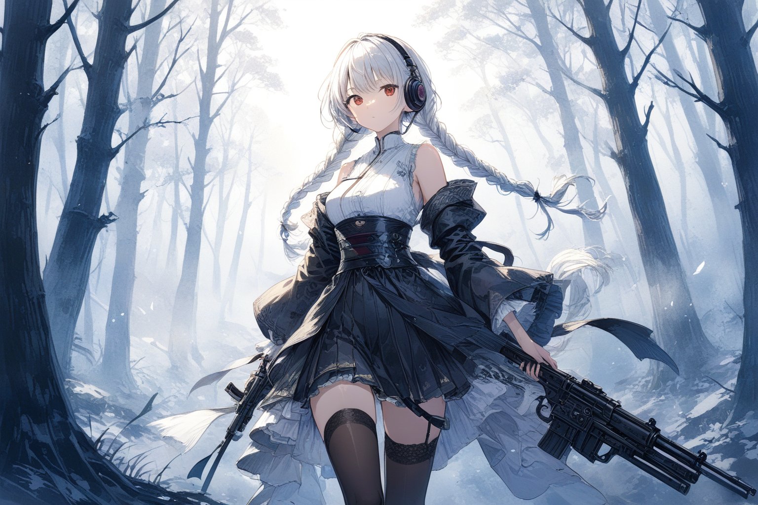 Official Art, Unity 8K Wallpaper, Extreme Detailed, Beautiful and Aesthetic, Masterpiece, Top Quality, perfect anatomy, 

1girl, solo, long hair, red eyes, thighhighs, weapon, braid, white hair, twin braids, gun, glowing, headphones, gatling gun, brown theme, woods, dusty,

a beautifully drawn (((ink illustration))) depicting, vintage, brown and green accents, watercolor painting, concept art, (best illustration), (best shadow), Analog Color Theme, vivid colours, contrast, smooth, sharp focus, scenery, 

(Pencil_Sketch:1.2,masterpiece, midjourney, best quality, incredibly absurdres, messy lines,high detail eyes,More Detail,perfect light,portrait, ,more detail XL,Ukiyo-e, ,ink,colorful,