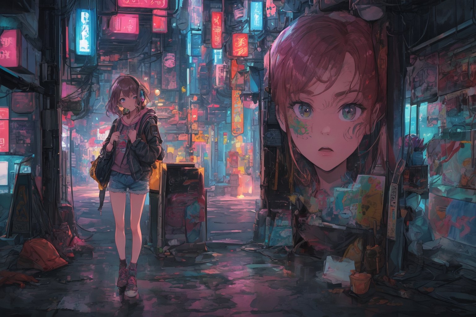 Official Art, Unity 8K Wallpaper, Extreme Detailed, Beautiful and Aesthetic, Masterpiece, Top Quality, perfect anatomy, 

Dreampolis, hyper-detailed digital illustration, cyberpunk, stranger things background theme , scared expression, 17 y. o. single girl headphones in the street, neon lights, lighting bar, city, cyberpunk city, film still, backpack, in megapolis, pro-lighting, high-res, masterpiece, looking_at_viewer, full body,neon photography style, visible legs, wearing jean shorts, visible face, detailed face,

a beautifully drawn (((ink illustration))) depicting, vintage, pink and blue accents, watercolor painting, concept art, (best illustration), (best shadow), Analog Color Theme, vivid colours, contrast, smooth, sharp focus, scenery, 

(Pencil_Sketch:1.2,masterpiece, midjourney, best quality, incredibly absurdres, messy lines,high detail eyes,More Detail,perfect light,portrait, ,more detail XL,Ukiyo-e