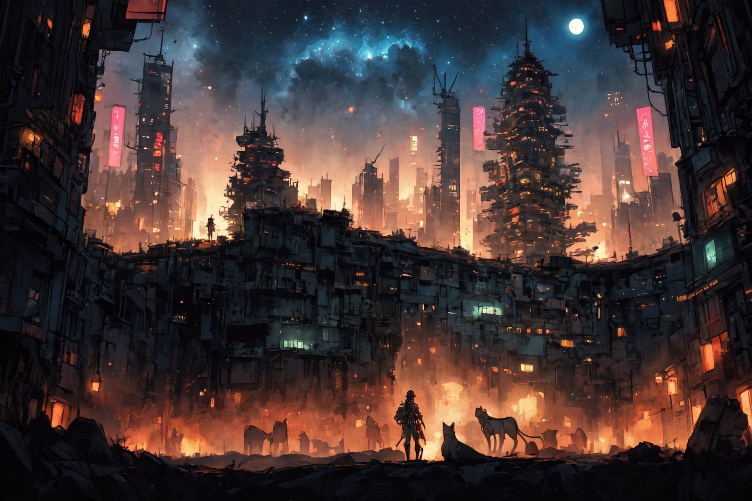 Official Art, Unity 8K Wallpaper, Extreme Detailed, Beautiful and Aesthetic, Masterpiece, Top Quality, perfect anatomy, 

In a mesmerizing cyberpunk realm, a futuristic android warrior stands tall amidst neon-lit skyscrapers and holographic signs, her metallic exoskeleton gleaming with intricate patterns and glowing circuits, the lunar augmented binary tree sits atop a mossy rock in a lush forest clearing, A celestial gondola drifts gracefully through a dreamlike galaxy with a snow leopard sit on ,

a beautifully drawn (((ink illustration))) depicting, vintage, PURPLE and PINK accents, watercolor painting, concept art, (best illustration), (best shadow), Analog Color Theme, vivid colours, contrast, smooth, sharp focus, scenery, 

(Pencil_Sketch:1.2,masterpiece,midjourney, best quality, , messy lines,incredibly absurdres