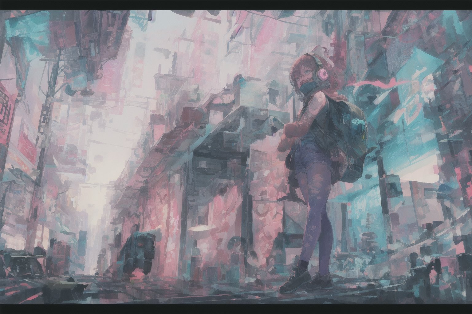 Official Art, Unity 8K Wallpaper, Extreme Detailed, Beautiful and Aesthetic, Masterpiece, Top Quality, perfect anatomy, 

Dreampolis, hyper-detailed digital illustration, cyberpunk, stranger things background theme , scared expression, 17 y. o. single girl headphones in the street, neon lights, lighting bar, city, cyberpunk city, film still, backpack, in megapolis, pro-lighting, high-res, masterpiece, looking_at_viewer, full body,neon photography style, visible legs, wearing jean shorts, visible face, detailed face,

a beautifully drawn (((ink illustration))) depicting, vintage, pink and blue accents, watercolor painting, concept art, (best illustration), (best shadow), Analog Color Theme, vivid colours, contrast, smooth, sharp focus, scenery, 

(Pencil_Sketch:1.2,masterpiece, midjourney, best quality, incredibly absurdres, messy lines,high detail eyes,More Detail,perfect light,portrait, ,more detail XL,Ukiyo-e