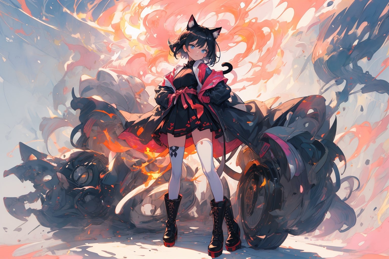 Official Art, Unity 8K Wallpaper, Extreme Detailed, Beautiful and Aesthetic, Masterpiece, Top Quality, perfect anatomy, 

1girl, solo, looking at viewer, short hair, bangs, blue eyes, black hair, thighhighs, long sleeves, dress, animal ears, standing, jacket, tail, full body, boots, black thighhighs, cat ears, black footwear, black dress, cat tail, hand on hip, shadow, pink theme, blue jacket, flames, 

a beautifully drawn (((ink illustration))) depicting, vintage, purple and yellow accents, watercolor painting, concept art, (best illustration), (best shadow), Analog Color Theme, vivid colours, contrast, smooth, sharp focus, scenery, 

(Pencil_Sketch:1.2,masterpiece, midjourney, best quality, incredibly absurdres, messy lines,high detail eyes,More Detail,perfect light,portrait, ,more detail XL,Ukiyo-e, ,ink