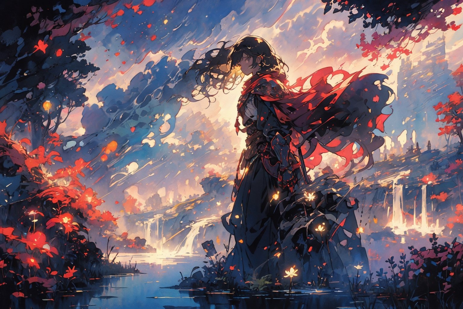 Official Art, Unity 8K Wallpaper, Extreme Detailed, Beautiful and Aesthetic, Masterpiece, Top Quality, perfect anatomy, 

1girl, solo, blonde hair, weapon, red cape, armor, polearm, spear, dandelion, bubbles, outdoors, sky, day, clouds, mountain, waterfall, lake, twlight, Temple behind, 

a beautifully drawn (((ink illustration))) depicting, vintage, PURPLE and magenta accents, watercolor painting, concept art, (best illustration), (best shadow), Analog Color Theme, vivid colours, contrast, smooth, sharp focus, scenery, 

(Pencil_Sketch:1.2,masterpiece,midjourney, best quality,
