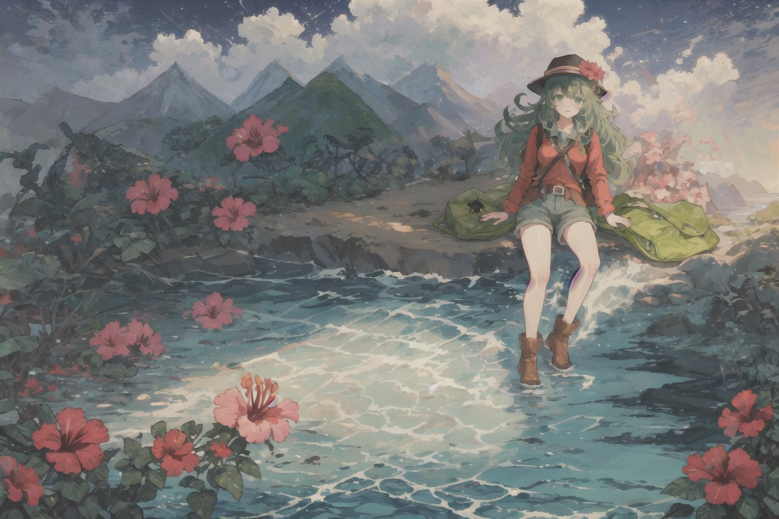 Leilani, Hawaii, hibiscus flowers, waves, Individual combat, Ocean tone, seawater, salt, seaweed, lemon, green leaves, longbow, monocular telescope, 1girl, solo, long hair, shirt, long sleeves, hat, green eyes, pink hair, boots, sky, shorts, socks, bag, brown footwear, backpack, mountain, green shorts, green socks,(masterpiece