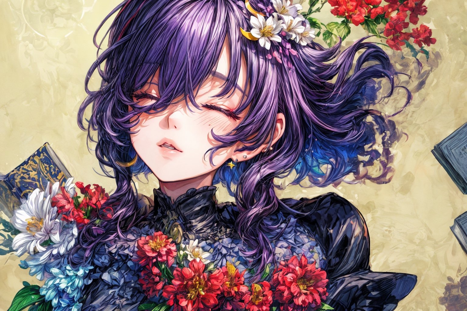 Official Art, Unity 8K Wallpaper, Extreme Detailed, Beautiful and Aesthetic, Masterpiece, Top Quality, perfect anatomy, 

1girl, solo, long hair, bangs, hair ornament, dress, jewelry, closed eyes, upper body, purple hair, flower, earrings, parted lips, hair flower, head tilt, book, eyelashes, makeup, halo, white flower, crescent, facing viewer, book stack, hyacinth, star_(sky), 

a beautifully drawn (((ink illustration))) depicting, vintage, RED and INDIGO accents, watercolor painting, concept art, (best illustration), (best shadow), Analog Color Theme, vivid colours, contrast, smooth, sharp focus, scenery, 

(Pencil_Sketch:1.2,masterpiece, midjourney, best quality, incredibly absurdres, messy lines,high detail eyes,More Detail,perfect light,portrait, 