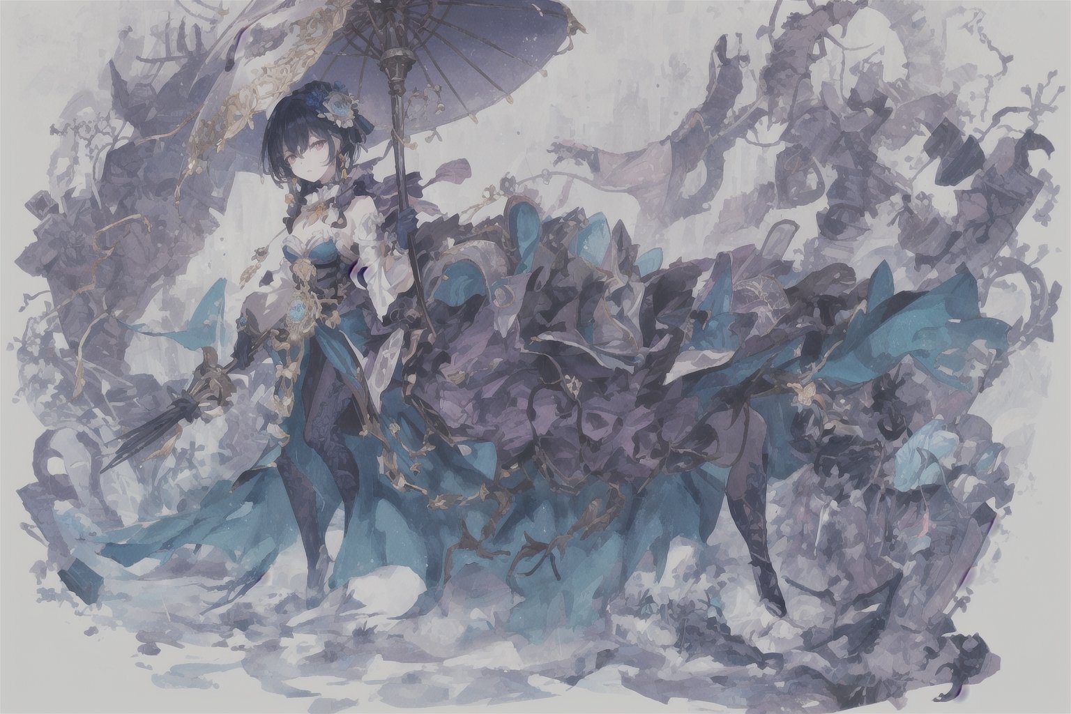 Official Art, Unity 8K Wallpaper, Extreme Detailed, Beautiful and Aesthetic, Masterpiece, Top Quality, perfect anatomy, 

1girl, solo, long hair, looking at viewer, black hair, red eyes, jewelry, flower, umbrella, gears, indigo theme, plateau, rainy day, fog,

a beautifully drawn (((ink illustration))) depicting, vintage, purple and yellow accents, watercolor painting, concept art, (best illustration), (best shadow), Analog Color Theme, vivid colours, contrast, smooth, sharp focus, scenery, 

(Pencil_Sketch:1.2,masterpiece, midjourney, best quality, incredibly absurdres, messy lines,high detail eyes,More Detail,perfect light,portrait, 