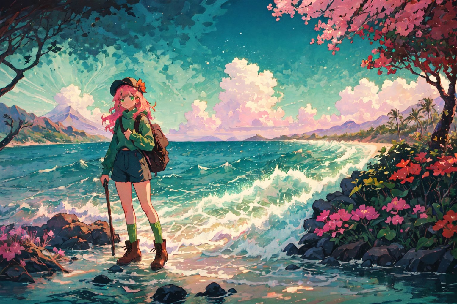 Leilani, Hawaii, hibiscus flowers, waves, Individual combat, Ocean tone, seawater, salt, seaweed, lemon, green leaves, longbow, monocular telescope, 1girl, solo, long hair, shirt, long sleeves, hat, green eyes, pink hair, boots, sky, shorts, socks, bag, brown footwear, backpack, mountain, green shorts, green socks,(masterpiece