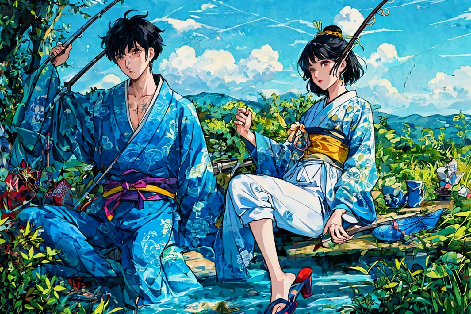 Official Art, Unity 8K Wallpaper, Extreme Detailed, Beautiful and Aesthetic, Masterpiece, Top Quality, perfect anatomy, 

solo, short hair, black hair, 1boy, holding, sitting, male focus, outdoors, japanese clothes, sky, day, pants, clouds, water, blue sky, tattoo, sandals, fish, grey pants, fishing rod, fishing, holding fishing rod, fishing line, blue theme, 

a beautifully drawn (((ink illustration))) depicting, vintage, purple and yellow accents, watercolor painting, concept art, (best illustration), (best shadow), Analog Color Theme, vivid colours, contrast, smooth, sharp focus, scenery, 

(Pencil_Sketch:1.2,masterpiece, midjourney, best quality, incredibly absurdres, messy lines,high detail eyes,More Detail,perfect light,portrait, ,more detail XL,Ukiyo-e, ,ink