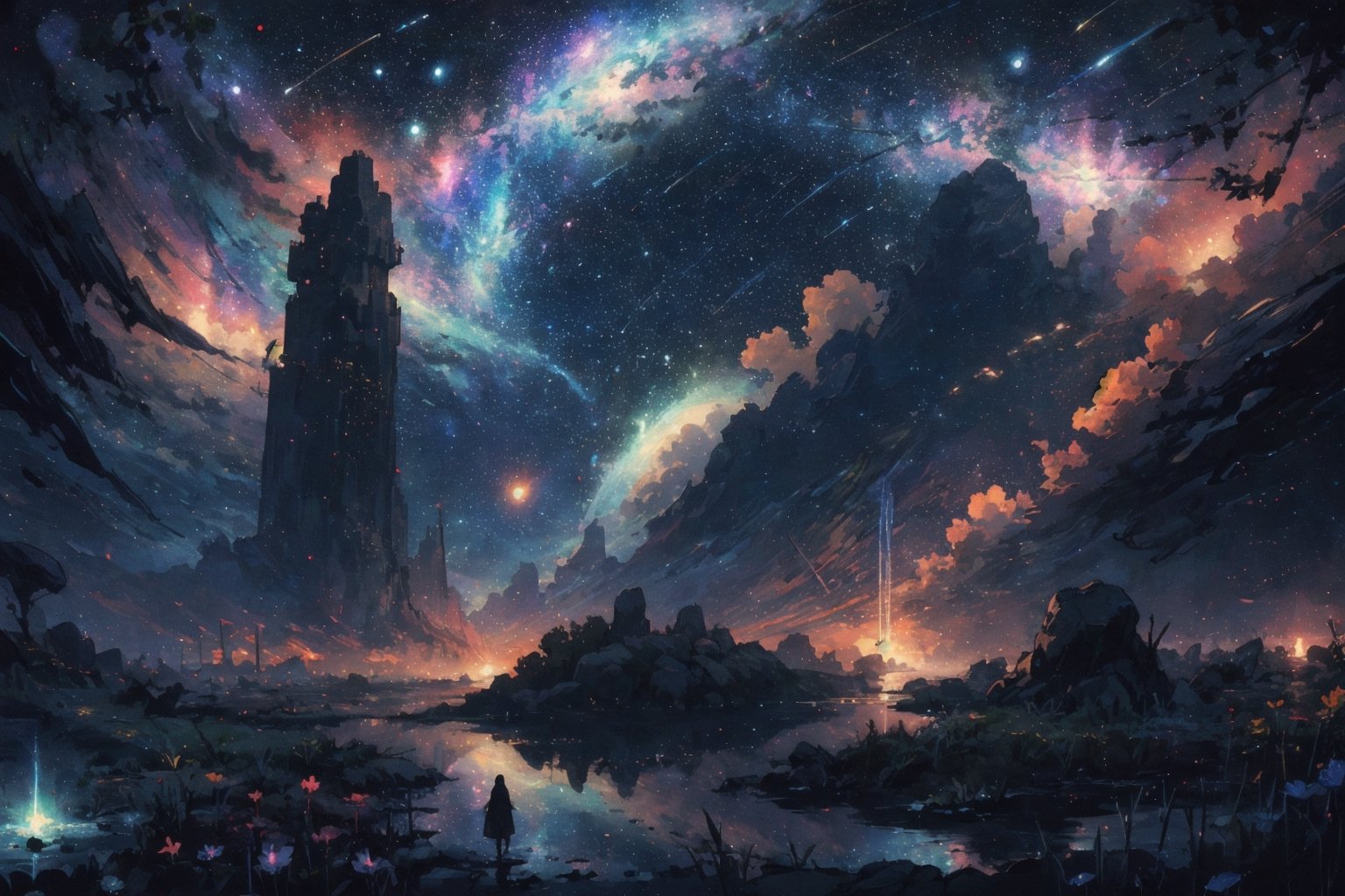 A serenely drifting Solarpunk galactic nomad, exuding tranquility and harmony amidst the stars. This game concept art is a digital painting, showcasing the character floating in a shimmering nebula. Their ethereal presence is highlighted by glowing flora woven into their flowing robes, reflecting the vibrant hues of distant planets in their skin. Each intricate detail is rendered with stunning clarity, immersing the viewer in a world of cosmic beauty and peace.,(Pencil_Sketch:1.2,masterpiece, messy lines,best quality