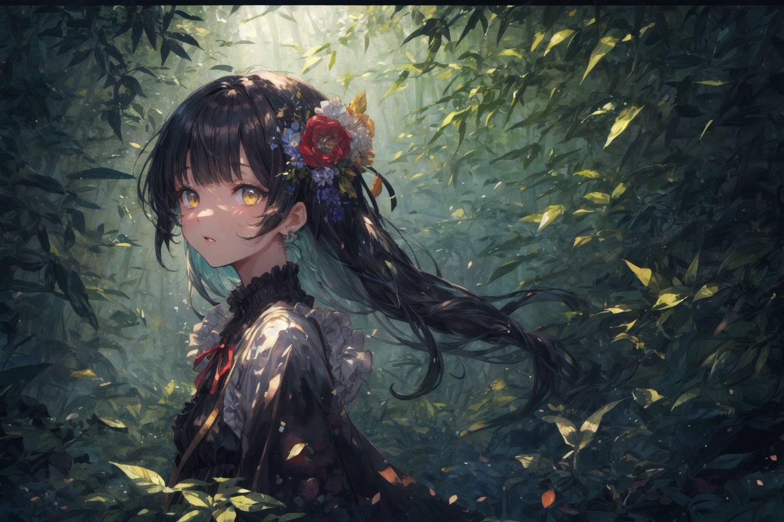 Official Art, Unity 8K Wallpaper, Extreme Detailed, Beautiful and Aesthetic, Masterpiece, Top Quality, perfect anatomy, 

1girl, solo, long hair, bangs, hair ornament, long sleeves, dress, very long hair, flower, frills, hair flower, wide sleeves, blunt bangs, black dress, floral print, absurdly long hair, green theme, green ribbon, bamboo forest, falling leaves

a beautifully drawn (((ink illustration))) depicting, vintage, PURPLE and YELLOW accents, watercolor painting, concept art, (best illustration), (best shadow), Analog Color Theme, vivid colours, contrast, smooth, sharp focus, scenery, 

(Pencil_Sketch:1.2,masterpiece, midjourney, best quality, incredibly absurdres, messy lines,high detail eyes,More Detail,perfect light,portrait, 