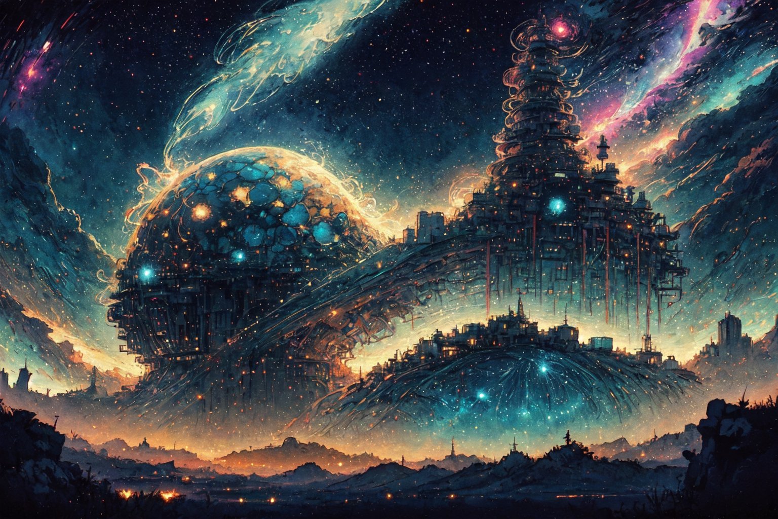 In the ethereal realm of cyberspace, a fairylike nocturnal neural network flickers with delicate luminescence, its intricate pathways glowing softly against a dark, star-studded backdrop. This watercolor painting captures the essence of technology intertwined with whimsy, a stunning fusion of magic and innovation. Each pixel is meticulously rendered, showcasing the intricate beauty of the neural network as it weaves its way through the digital cosmos. The colors blend seamlessly, creating a dreamlike quality that transports the viewer to a world where imagination and technology converge in perfect harmony. This exquisite artwork is a testament to the artist's skill and creativity, inviting viewers to marvel at the wonders of the digital age in a truly enchanting way.