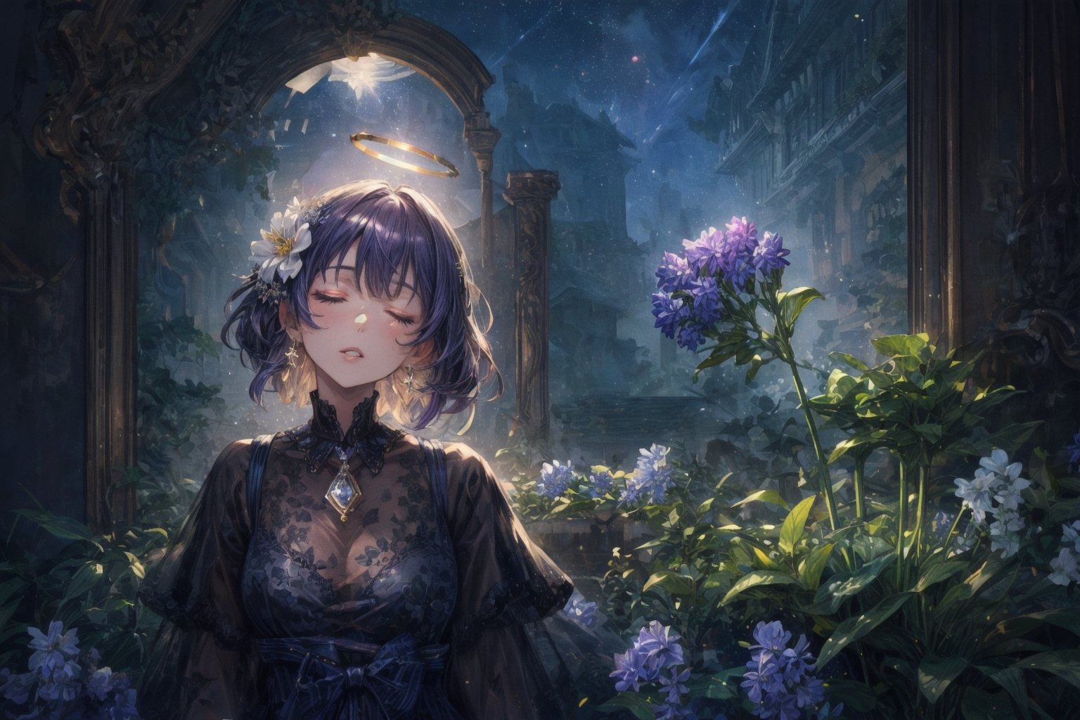 Official Art, Unity 8K Wallpaper, Extreme Detailed, Beautiful and Aesthetic, Masterpiece, Top Quality, perfect anatomy, 

1girl, solo, long hair, bangs, hair ornament, dress, jewelry, closed eyes, upper body, purple hair, flower, earrings, parted lips, hair flower, head tilt, book, eyelashes, makeup, halo, white flower, crescent, facing viewer, book stack, hyacinth, star_(sky), 

a beautifully drawn (((ink illustration))) depicting, vintage, RED and INDIGO accents, watercolor painting, concept art, (best illustration), (best shadow), Analog Color Theme, vivid colours, contrast, smooth, sharp focus, scenery, 

(Pencil_Sketch:1.2,masterpiece, midjourney, best quality, incredibly absurdres, messy lines,high detail eyes,More Detail,perfect light,portrait, 