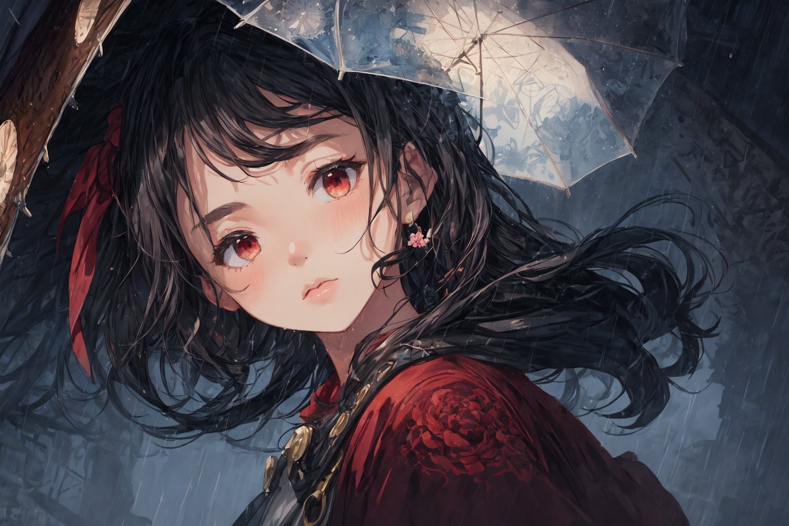 Official Art, Unity 8K Wallpaper, Extreme Detailed, Beautiful and Aesthetic, Masterpiece, Top Quality, perfect anatomy, 

1girl, solo, long hair, looking at viewer, black hair, red eyes, jewelry, flower, umbrella, gears, indigo theme, plateau, rainy day, fog,

a beautifully drawn (((ink illustration))) depicting, vintage, purple and yellow accents, watercolor painting, concept art, (best illustration), (best shadow), Analog Color Theme, vivid colours, contrast, smooth, sharp focus, scenery, 

(Pencil_Sketch:1.2,masterpiece, midjourney, best quality, incredibly absurdres, messy lines,high detail eyes,More Detail,perfect light,portrait, 