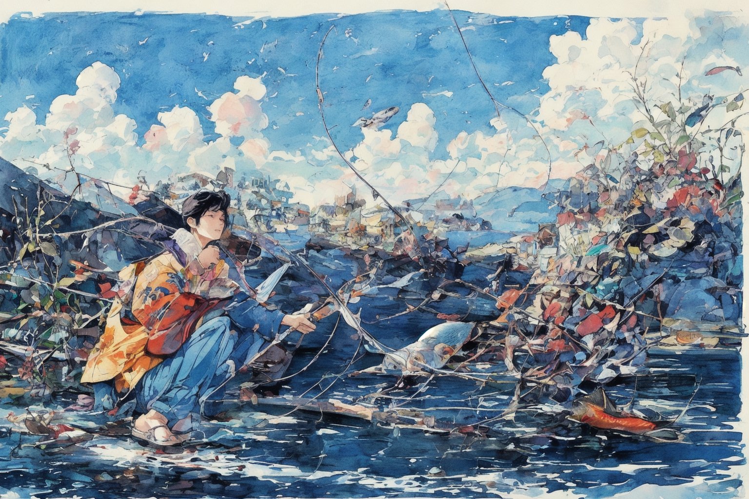 Official Art, Unity 8K Wallpaper, Extreme Detailed, Beautiful and Aesthetic, Masterpiece, Top Quality, perfect anatomy, 

solo, short hair, black hair, 1boy, holding, sitting, male focus, outdoors, japanese clothes, sky, day, pants, clouds, water, blue sky, tattoo, sandals, fish, grey pants, fishing rod, fishing, holding fishing rod, fishing line, blue theme, 

a beautifully drawn (((ink illustration))) depicting, vintage, purple and yellow accents, watercolor painting, concept art, (best illustration), (best shadow), Analog Color Theme, vivid colours, contrast, smooth, sharp focus, scenery, 

(Pencil_Sketch:1.2,masterpiece, midjourney, best quality, incredibly absurdres, messy lines,high detail eyes,More Detail,perfect light,portrait, ,more detail XL,Ukiyo-e, ,ink