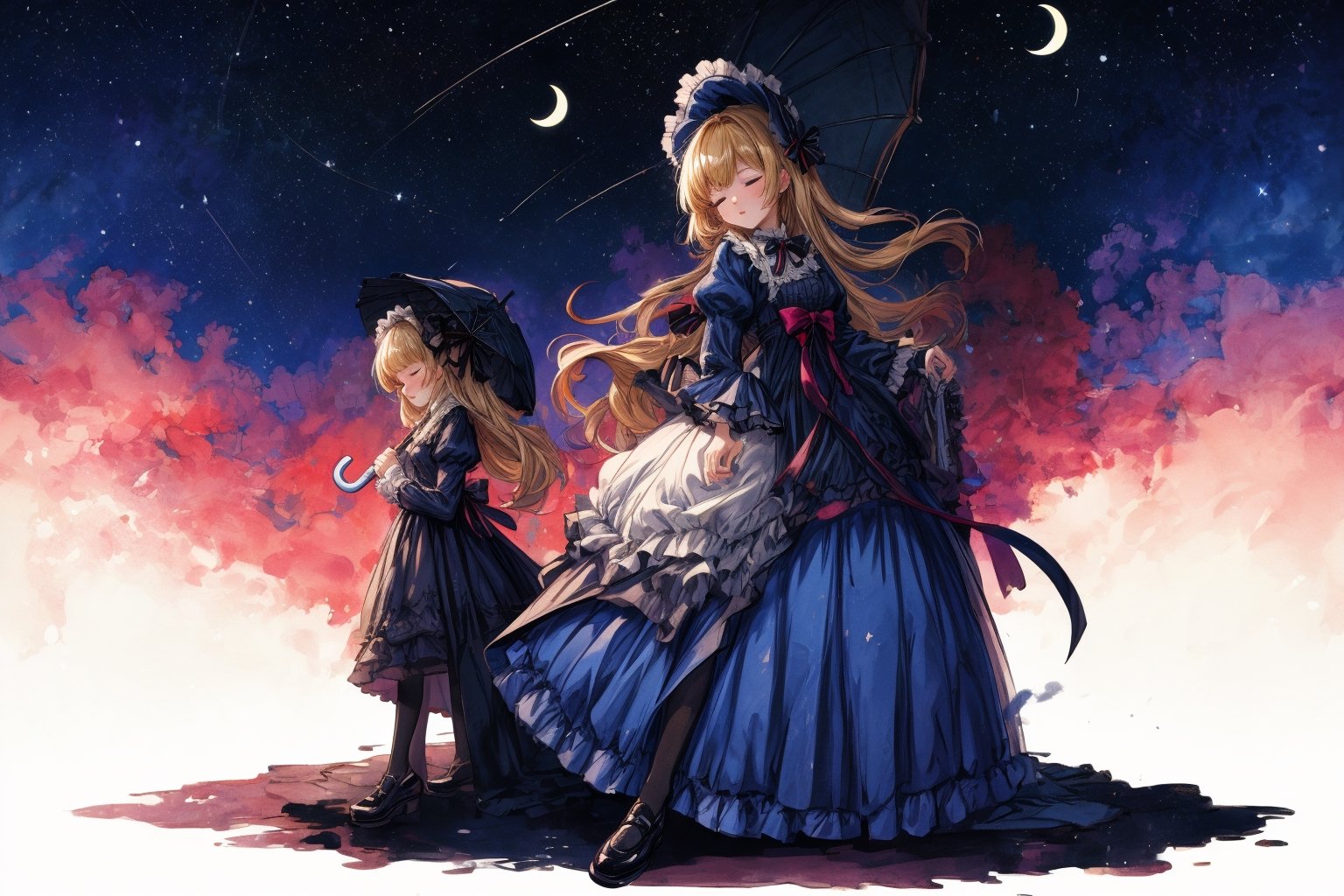 Official Art, Unity 8K Wallpaper, Extreme Detailed, Beautiful and Aesthetic, Masterpiece, Top Quality, perfect anatomy, 

1girl, solo, long hair, bangs, blonde hair, dress, bow, ribbon, holding, jewelry, standing, full body, closed eyes, pantyhose, frills, shoes, blunt bangs, star \(symbol\), blue dress, umbrella, moon, frilled dress, crescent, star \(sky\), lolita fashion, holding umbrella, petticoat, crescent moon, bonnet, constellation, 

a beautifully drawn (((ink illustration))) depicting, vintage, indigo and purple accents, watercolor painting, concept art, (best illustration), (best shadow), Analog Color Theme, vivid colours, contrast, smooth, sharp focus, scenery, 

(Pencil_Sketch:1.2,masterpiece, midjourney, best quality, incredibly absurdres, messy lines,high detail eyes,More Detail,perfect light,portrait, ,more detail XL, 