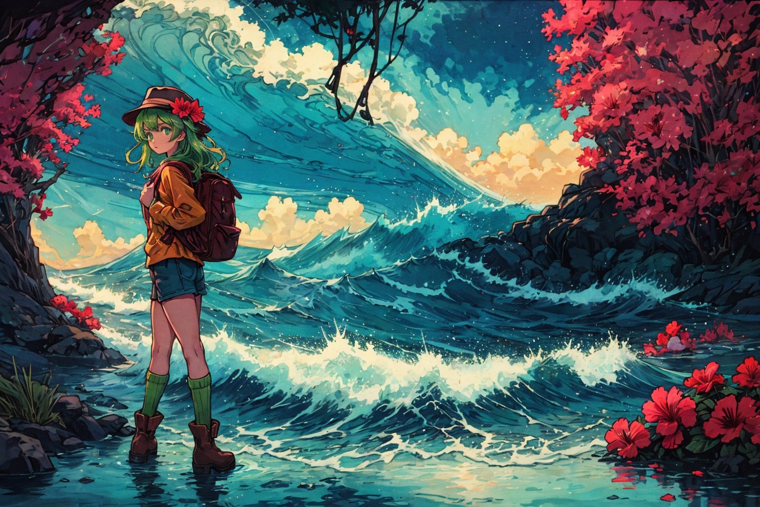 Leilani, Hawaii, hibiscus flowers, waves, Individual combat, Ocean tone, seawater, salt, seaweed, lemon, green leaves, longbow, monocular telescope, 1girl, solo, long hair, shirt, long sleeves, hat, green eyes, pink hair, boots, sky, shorts, socks, bag, brown footwear, backpack, mountain, green shorts, green socks,(masterpiece