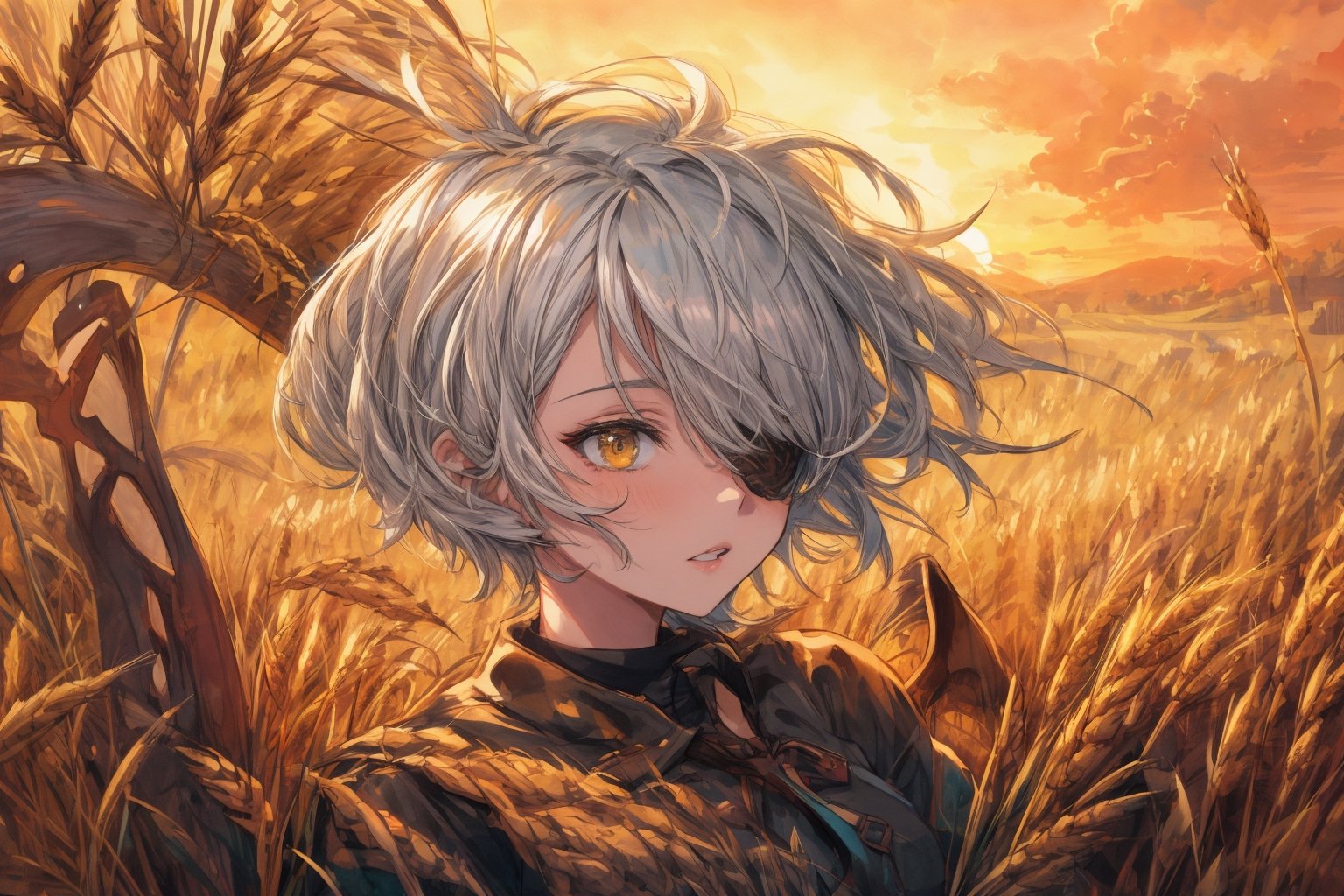 Official Art, Unity 8K Wallpaper, Extreme Detailed, Beautiful and Aesthetic, Masterpiece, Top Quality, perfect anatomy, 

1girl, solo, short hair, shirt, long sleeves, holding, white hair, parted lips, one eye covered, wheat field behind, sunset, Sickle, harvest,

a beautifully drawn (((ink illustration))) depicting, vintage, BROWN and orange accents, watercolor painting, concept art, (best illustration), (best shadow), Analog Color Theme, vivid colours, contrast, smooth, sharp focus, scenery, 

(Pencil_Sketch:1.2,masterpiece, midjourney, best quality, incredibly absurdres, messy lines,high detail eyes,More Detail,perfect light,portrait, 