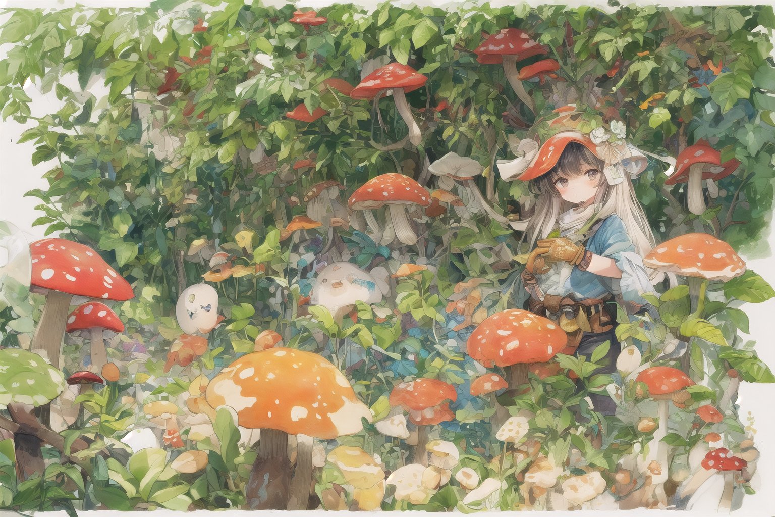 Official Art, Unity 8K Wallpaper, Extreme Detailed, Beautiful and Aesthetic, Masterpiece, Top Quality, perfect anatomy, 

1girl, solo, Rainforest, fog, ferns, succulents, mushrooms, red mushroom shaped hat, flaxen hair, red rain boots, light green uniforms, denim shorts, protective gloves, masks, Ezra Theodore, Canberra, Australia, pine needle hotbeds, mushroom research, strains, woody floral notes, boletus, soil, lichen, damiana, fungus collection kits, Fungus Life Cycle Machine, Fungus Research Notes, Water Dowsing Rods, 

a beautifully drawn (((ink illustration))) depicting, vintage, blue and yellow accents, watercolor painting, concept art, (best illustration), (best shadow), Analog Color Theme, vivid colours, contrast, smooth, sharp focus, scenery, 

(Pencil_Sketch:1.2,masterpiece, midjourney, best quality, incredibly absurdres, messy lines,high detail eyes,More Detail,perfect light,portrait, ,more detail XL,Ukiyo-e, ,ink,colorful,samurai