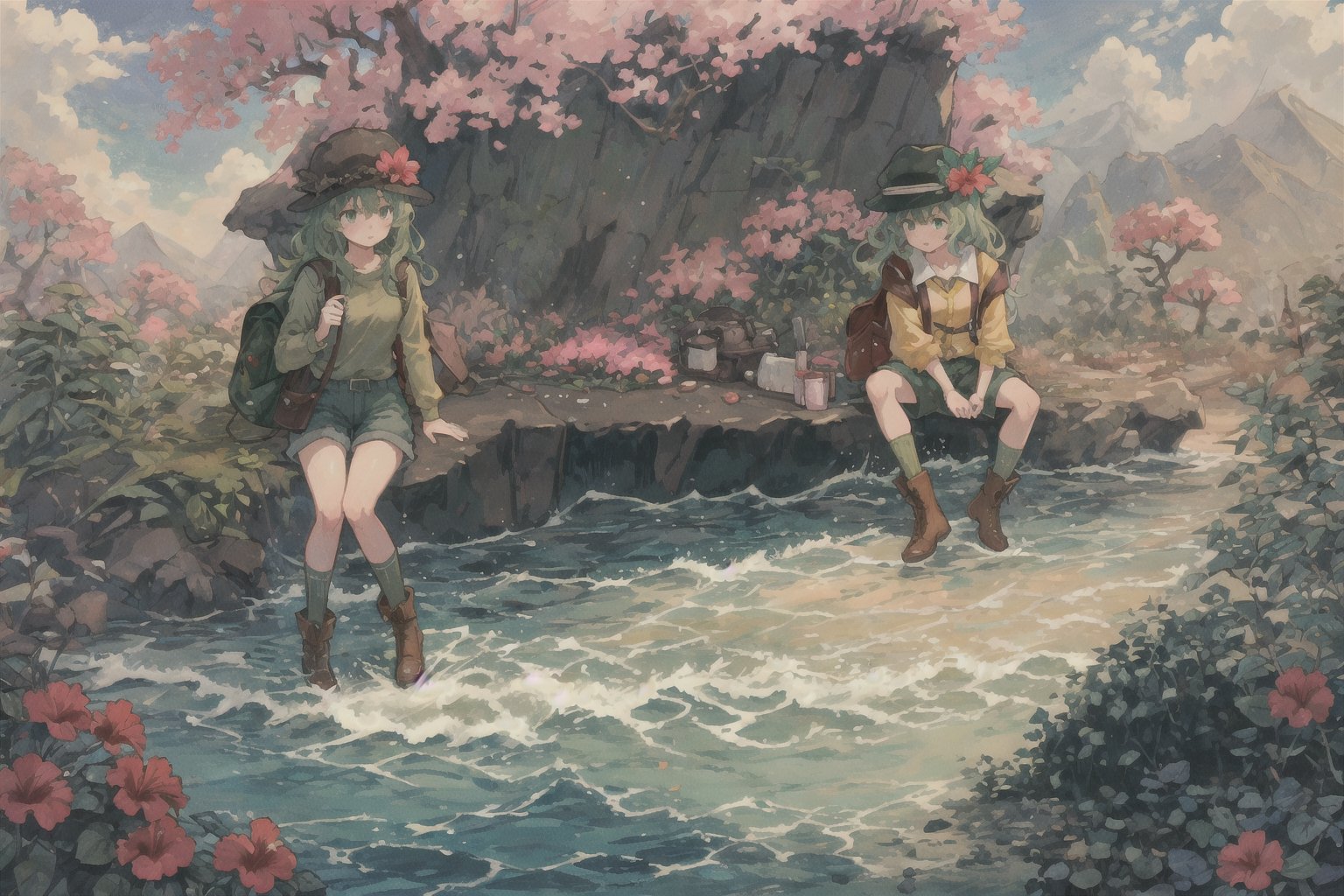 Leilani, Hawaii, hibiscus flowers, waves, Individual combat, Ocean tone, seawater, salt, seaweed, lemon, green leaves, longbow, monocular telescope, 1girl, solo, long hair, shirt, long sleeves, hat, green eyes, pink hair, boots, sky, shorts, socks, bag, brown footwear, backpack, mountain, green shorts, green socks,(masterpiece