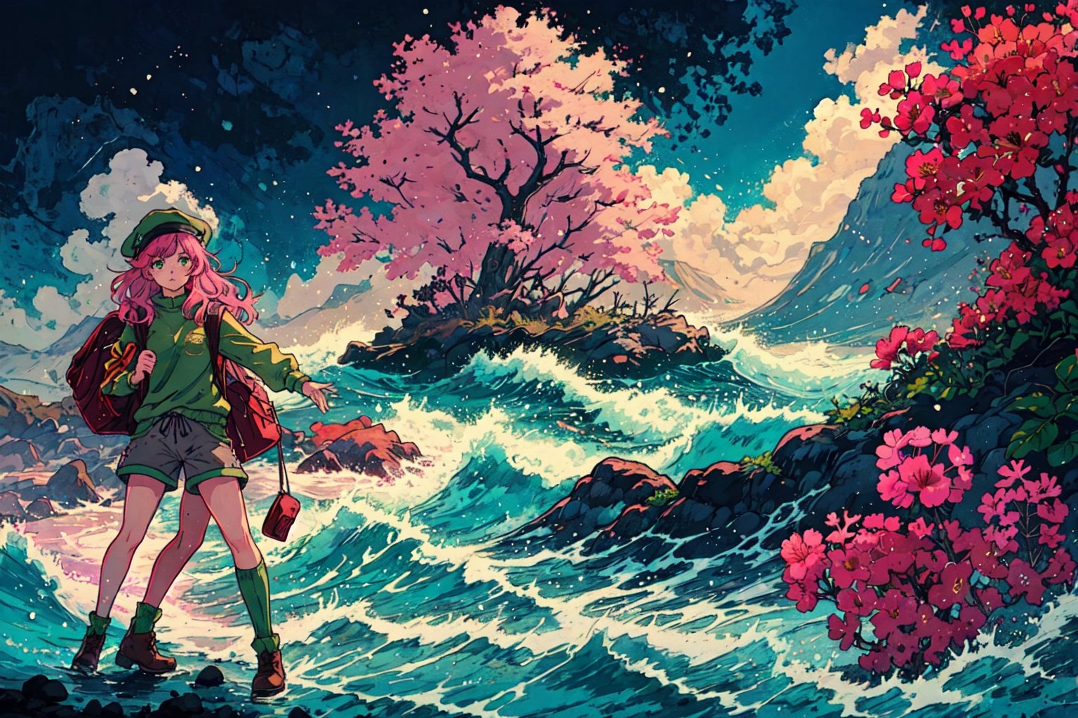 Leilani, Hawaii, hibiscus flowers, waves, Individual combat, Ocean tone, seawater, salt, seaweed, lemon, green leaves, longbow, monocular telescope, 1girl, solo, long hair, shirt, long sleeves, hat, green eyes, pink hair, boots, sky, shorts, socks, bag, brown footwear, backpack, mountain, green shorts, green socks,masterpiece