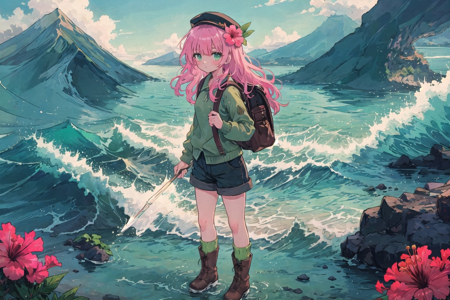 Leilani, Hawaii, hibiscus flowers, waves, Individual combat, Ocean tone, seawater, salt, seaweed, lemon, green leaves, longbow, monocular telescope, 1girl, solo, long hair, shirt, long sleeves, hat, green eyes, pink hair, boots, sky, shorts, socks, bag, brown footwear, backpack, mountain, green shorts, green socks,masterpiece