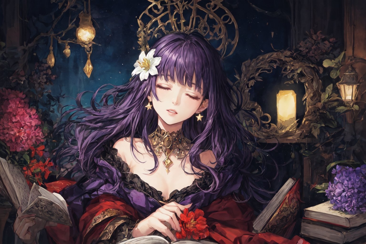 Official Art, Unity 8K Wallpaper, Extreme Detailed, Beautiful and Aesthetic, Masterpiece, Top Quality, perfect anatomy, 

1girl, solo, long hair, bangs, hair ornament, dress, jewelry, closed eyes, upper body, purple hair, flower, earrings, parted lips, hair flower, head tilt, book, eyelashes, makeup, halo, white flower, crescent, facing viewer, book stack, hyacinth, star_(sky), 

a beautifully drawn (((ink illustration))) depicting, vintage, RED and INDIGO accents, watercolor painting, concept art, (best illustration), (best shadow), Analog Color Theme, vivid colours, contrast, smooth, sharp focus, scenery, 

(Pencil_Sketch:1.2,masterpiece, midjourney, best quality, incredibly absurdres, messy lines,high detail eyes,More Detail,perfect light,portrait, 