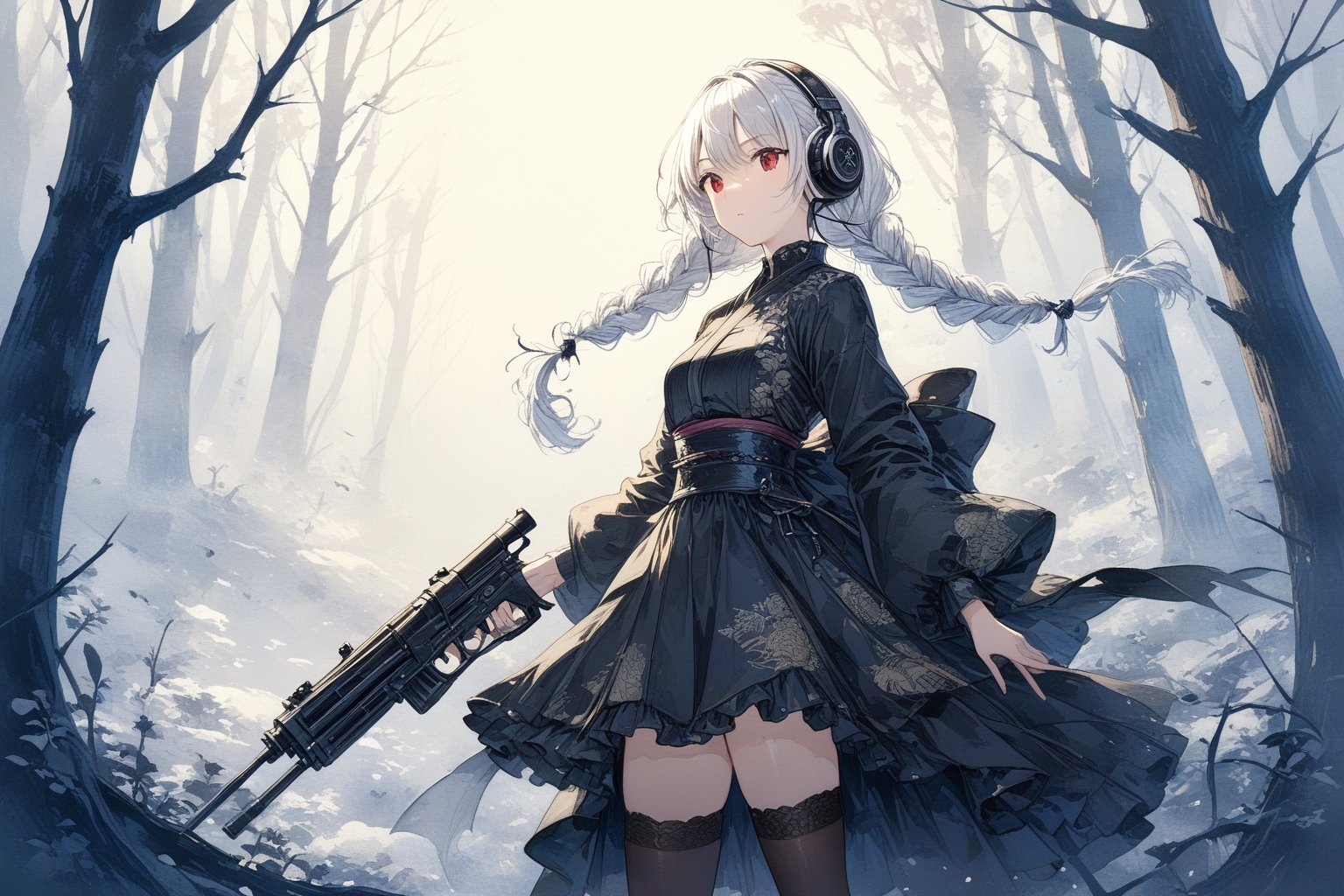 Official Art, Unity 8K Wallpaper, Extreme Detailed, Beautiful and Aesthetic, Masterpiece, Top Quality, perfect anatomy, 

1girl, solo, long hair, red eyes, thighhighs, weapon, braid, white hair, twin braids, gun, glowing, headphones, gatling gun, brown theme, woods, dusty,

a beautifully drawn (((ink illustration))) depicting, vintage, brown and green accents, watercolor painting, concept art, (best illustration), (best shadow), Analog Color Theme, vivid colours, contrast, smooth, sharp focus, scenery, 

(Pencil_Sketch:1.2,masterpiece, midjourney, best quality, incredibly absurdres, messy lines,high detail eyes,More Detail,perfect light,portrait, ,more detail XL,Ukiyo-e, ,ink,colorful,