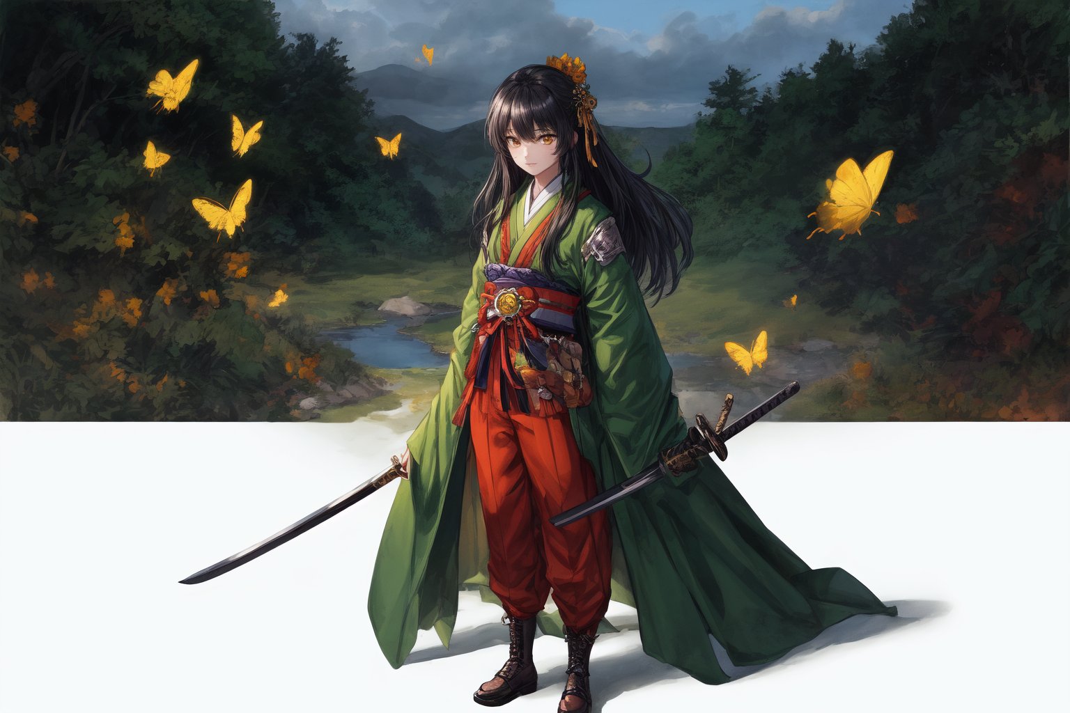 Official Art, Unity 8K Wallpaper, Extreme Detailed, Beautiful and Aesthetic, Masterpiece, Top Quality, perfect anatomy, 

1girl, solo, long hair, looking at viewer, black hair, hair ornament, long sleeves, dress, holding, brown eyes, closed mouth, standing, full body, weapon, pants, wooden sword, water, black footwear, holding weapon, chinese clothes, golden butterfly, green dress, bangs, yellow eyes, pine trees, clouds, Fly-whisk, bottle gourd, screen, landscape ink painting, 

a beautifully drawn (((ink illustration))) depicting, vintage, green and orange accents, watercolor painting, concept art, (best illustration), (best shadow), Analog Color Theme, vivid colours, contrast, smooth, sharp focus, scenery, 

(Pencil_Sketch:1.2,masterpiece, midjourney, best quality, incredibly absurdres, messy lines,high detail eyes,More Detail,perfect light,portrait, ,more detail XL,Ukiyo-e, ,ink,colorful,samurai