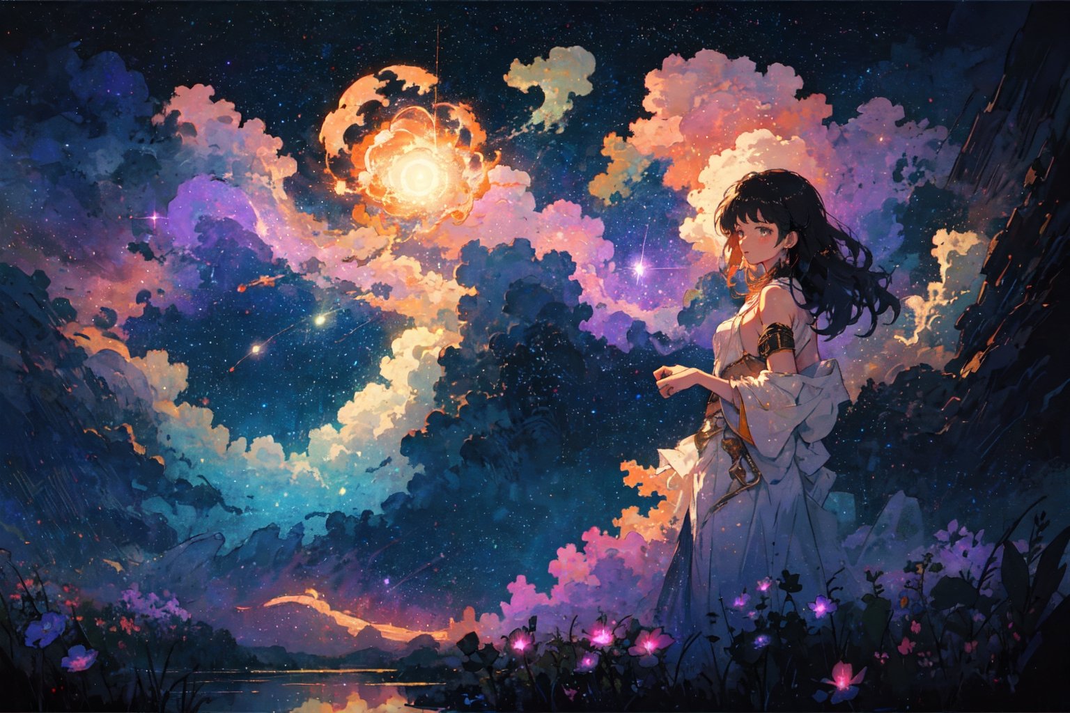 A serenely drifting Solarpunk galactic nomad, exuding tranquility and harmony amidst the stars. This game concept art is a digital painting, showcasing the character floating in a shimmering nebula. Their ethereal presence is highlighted by glowing flora woven into their flowing robes, reflecting the vibrant hues of distant planets in their skin. Each intricate detail is rendered with stunning clarity, immersing the viewer in a world of cosmic beauty and peace.,(Pencil_Sketch:1.2,masterpiece, messy lines,best quality