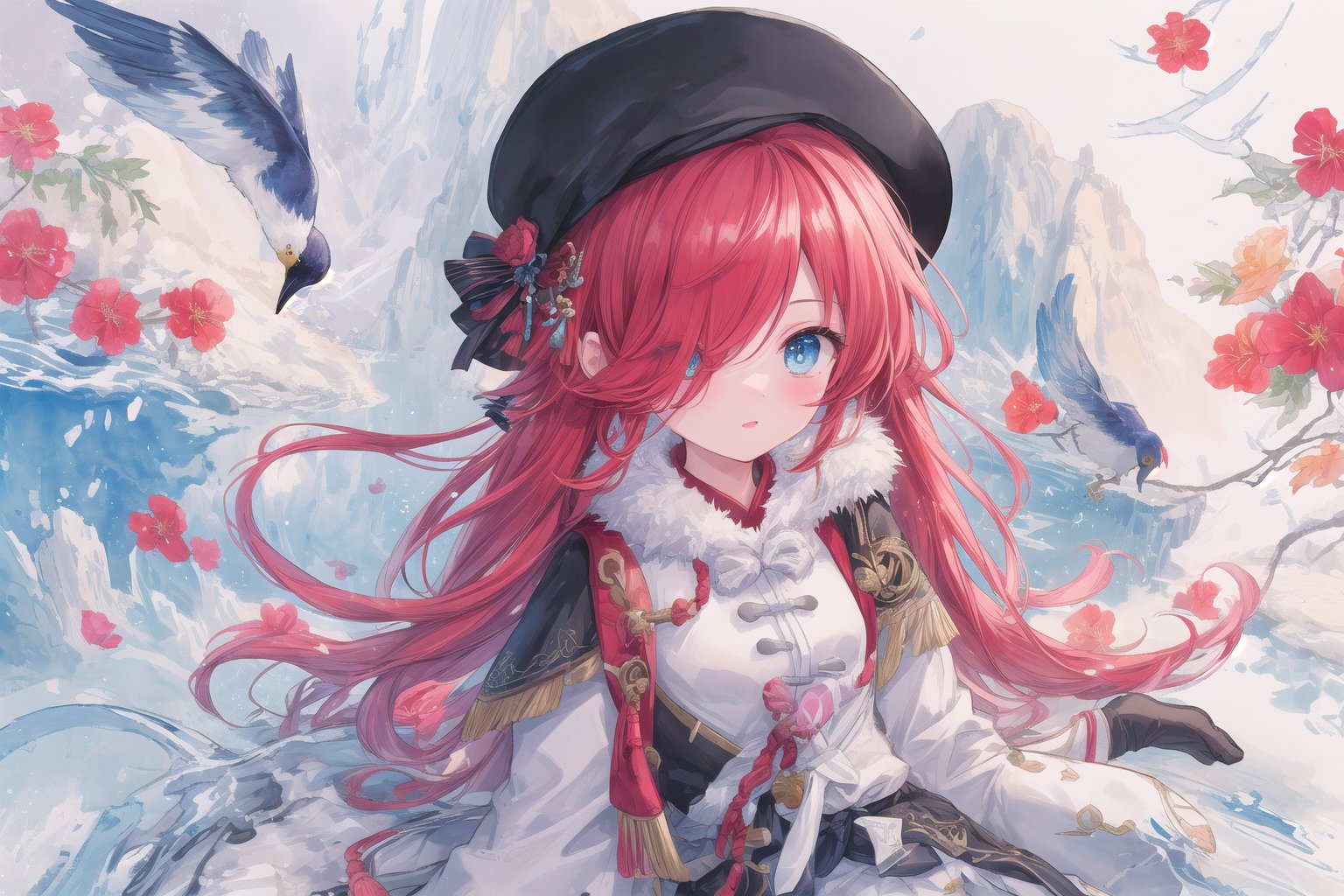 Official Art, Unity 8K Wallpaper, Extreme Detailed, Beautiful and Aesthetic, Masterpiece, Top Quality, perfect anatomy, 

1girl, solo, very long hair, bangs, blue eyes, skirt, indigo vest, long sleeves, hat, red hair, cape, hair over one eye, fur trim, indigo headwear, heterochromia, red cloak, fur-trimmed cloak, white shirt, boots, white pants, chinese clothes, bird, Tula Province, Russian Empire,
Source of life, sparkling stars, water feeder, aquatic tune, ginger, ice water, geranium, oak, impurity glass bottle, tweed cloak, Claret homemade equestrian skirt, Plateau lakes, snow mountains

a beautifully drawn (((ink illustration))) depicting, vintage, Claret and navy blue accents, watercolor painting, concept art, (best illustration), (best shadow), Analog Color Theme, vivid colours, contrast, smooth, sharp focus, scenery, 

(Pencil_Sketch:1.2,masterpiece, midjourney, best quality, incredibly absurdres, messy lines,high detail eyes,More Detail,perfect light,portrait, ,more detail XL,Ukiyo-e, ,ink,colorful,samurai