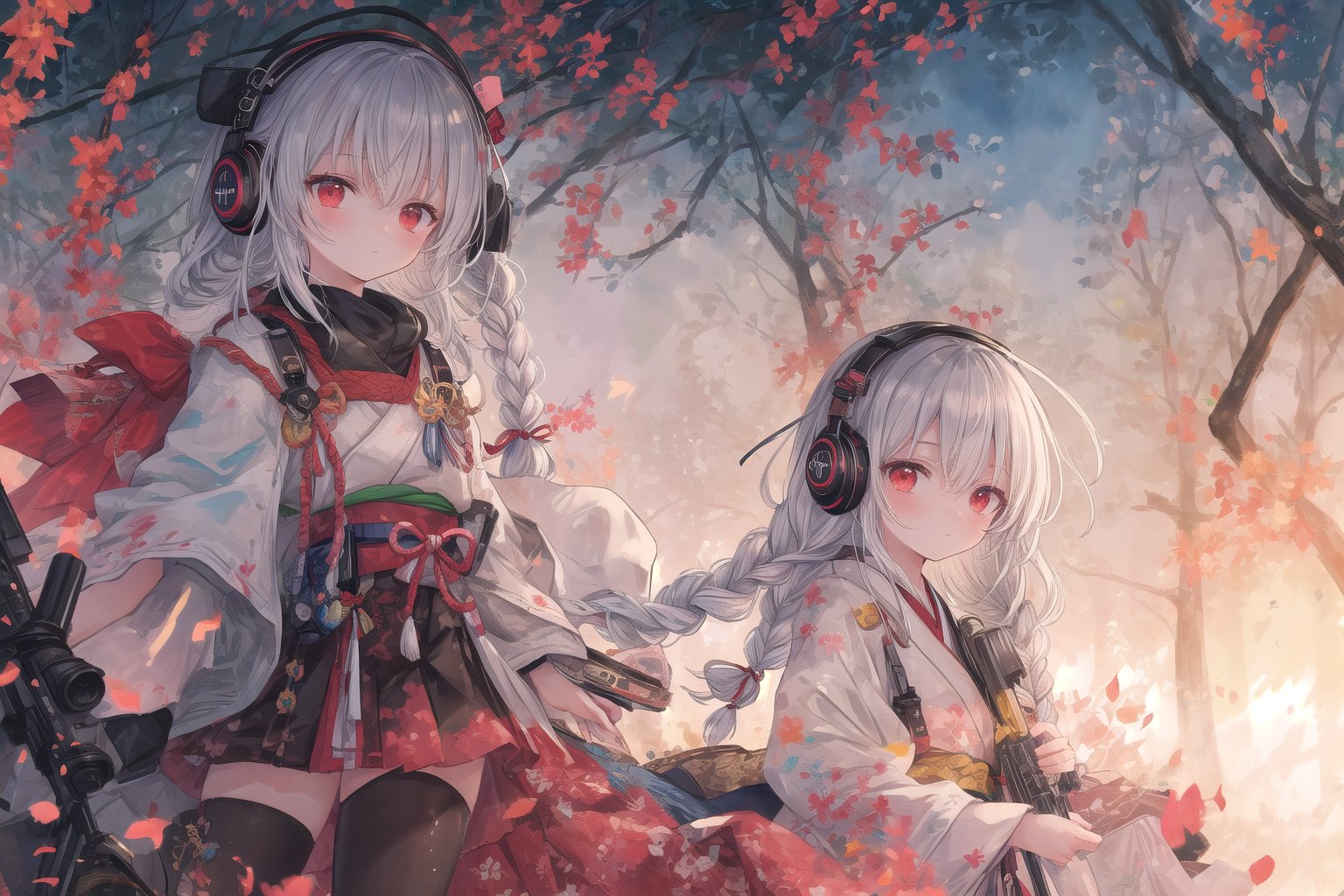 Official Art, Unity 8K Wallpaper, Extreme Detailed, Beautiful and Aesthetic, Masterpiece, Top Quality, perfect anatomy, 

1girl, solo, long hair, red eyes, thighhighs, weapon, braid, white hair, twin braids, gun, glowing, headphones, gatling gun, brown theme, woods, dusty,

a beautifully drawn (((ink illustration))) depicting, vintage, red and green accents, watercolor painting, concept art, (best illustration), (best shadow), Analog Color Theme, vivid colours, contrast, smooth, sharp focus, scenery, 

(Pencil_Sketch:1.2,masterpiece, midjourney, best quality, incredibly absurdres, messy lines,high detail eyes,More Detail,perfect light,portrait, ,more detail XL,Ukiyo-e, ,ink,colorful,samurai