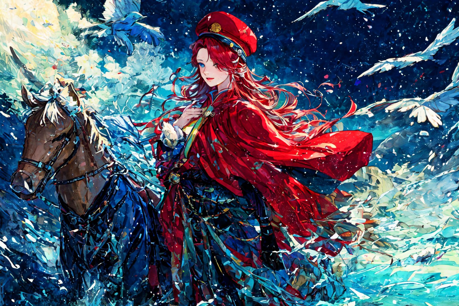 Official Art, Unity 8K Wallpaper, Extreme Detailed, Beautiful and Aesthetic, Masterpiece, Top Quality, perfect anatomy, 

1girl, solo, very long hair, bangs, blue eyes, skirt, indigo vest, long sleeves, hat, red hair, cape, hair over one eye, fur trim, indigo headwear, heterochromia, red cloak, fur-trimmed cloak, white shirt, boots, white pants, chinese clothes, bird, Tula Province, Russian Empire,
Source of life, sparkling stars, water feeder, aquatic tune, ginger, ice water, geranium, oak, impurity glass bottle, tweed cloak, Claret homemade equestrian skirt, Plateau lakes, snow mountains

a beautifully drawn (((ink illustration))) depicting, vintage, Claret and navy blue accents, watercolor painting, concept art, (best illustration), (best shadow), Analog Color Theme, vivid colours, contrast, smooth, sharp focus, scenery, 

(Pencil_Sketch:1.2,masterpiece, midjourney, best quality, incredibly absurdres, messy lines,high detail eyes,More Detail,perfect light,portrait, ,more detail XL,Ukiyo-e, ,ink,colorful,samurai