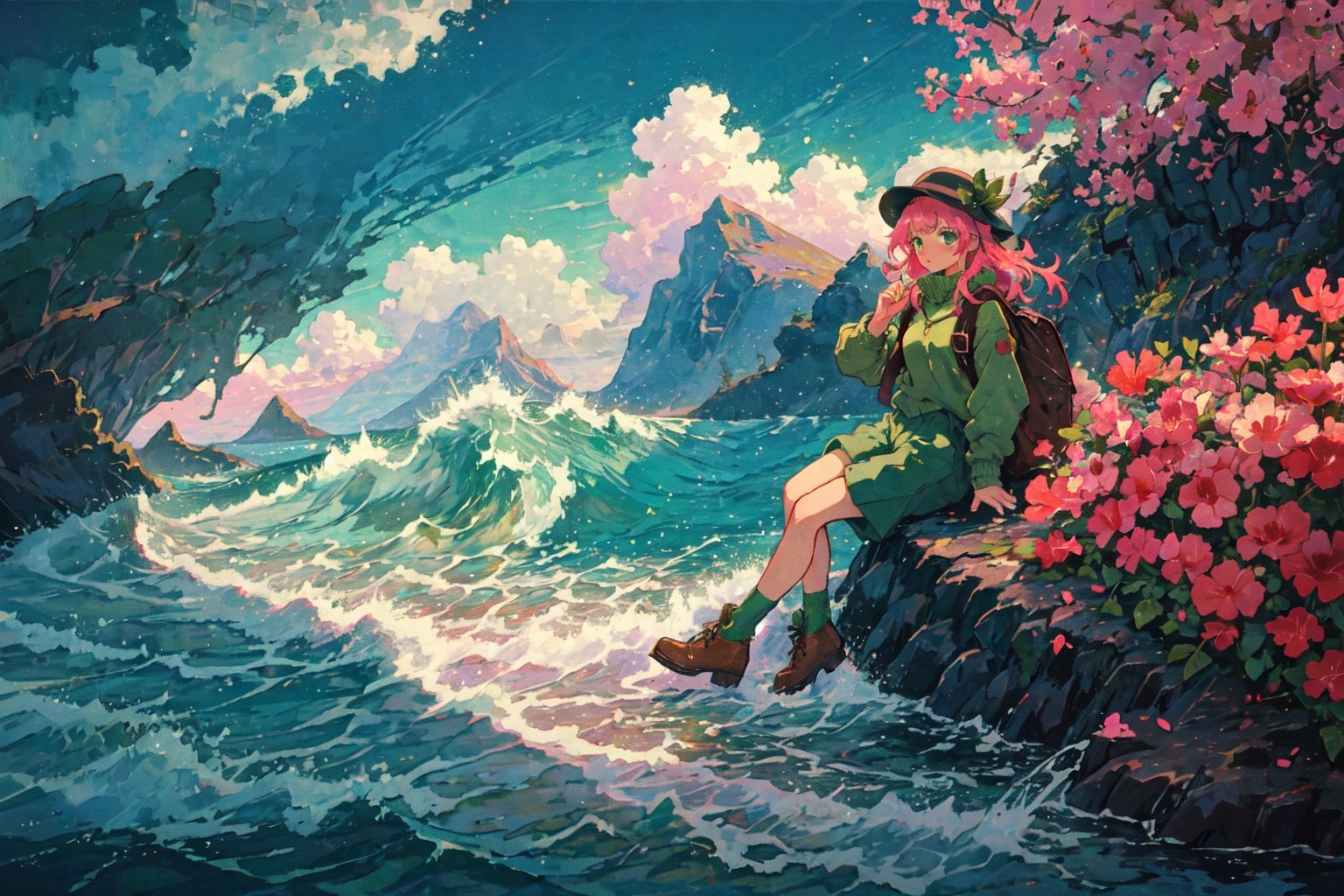 Leilani, Hawaii, hibiscus flowers, waves, Individual combat, Ocean tone, seawater, salt, seaweed, lemon, green leaves, longbow, monocular telescope, 1girl, solo, long hair, shirt, long sleeves, hat, green eyes, pink hair, boots, sky, shorts, socks, bag, brown footwear, backpack, mountain, green shorts, green socks,(masterpiece