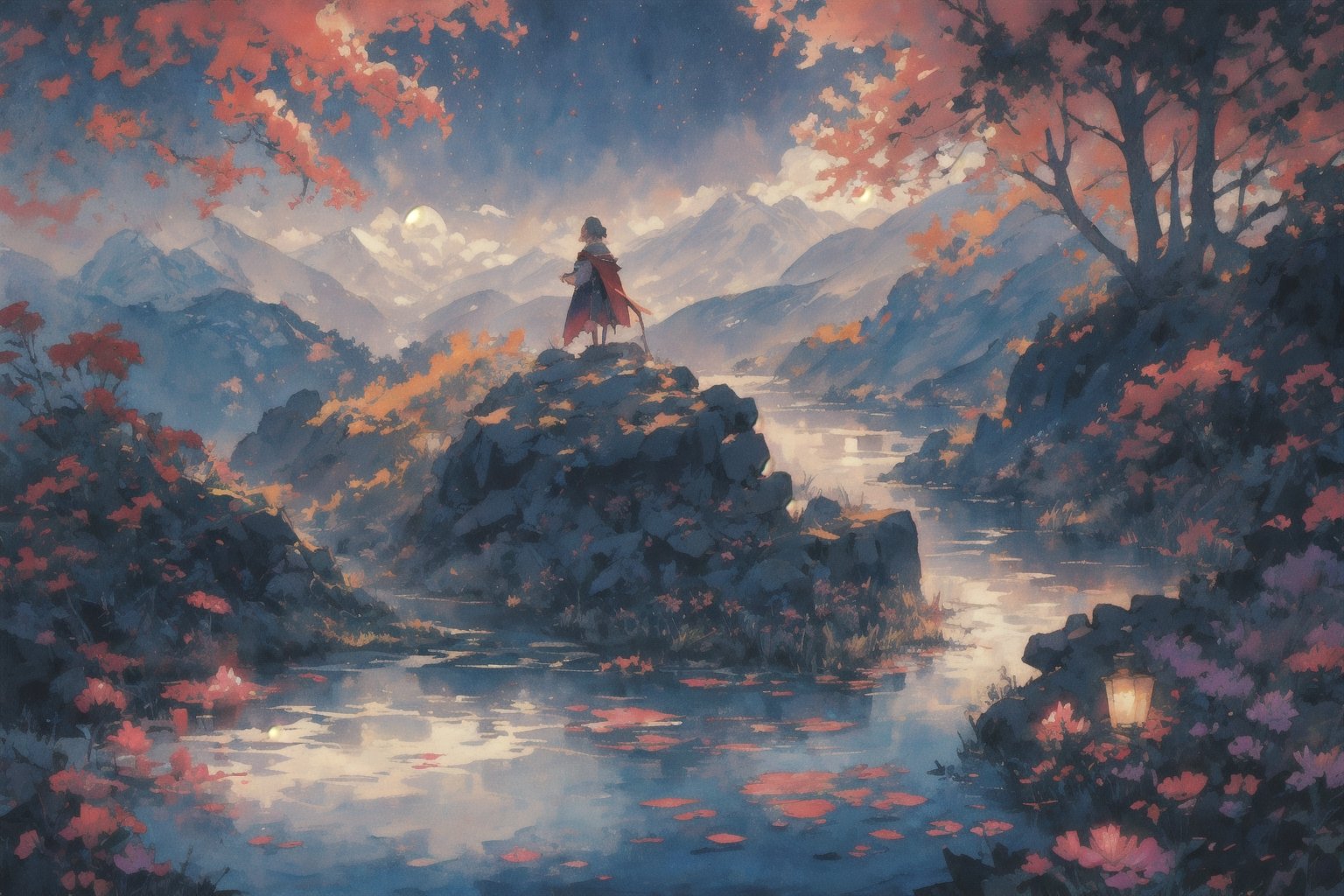 Official Art, Unity 8K Wallpaper, Extreme Detailed, Beautiful and Aesthetic, Masterpiece, Top Quality, perfect anatomy, 

1girl, solo, blonde hair, weapon, red cape, armor, polearm, spear, holding spear, dandelion, bubbles, outdoors, sky, day, clouds, mountain, lake, twlight, Temple behind, 

a beautifully drawn (((ink illustration))) depicting, vintage, PURPLE and magenta accents, watercolor painting, concept art, (best illustration), (best shadow), Analog Color Theme, vivid colours, contrast, smooth, sharp focus, scenery, 

(Pencil_Sketch:1.2,masterpiece,midjourney, best quality,