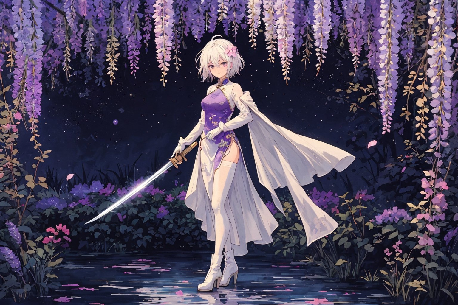 1girl, solo, looking at viewer, short hair, hair ornament, gloves, long sleeves, dress, holding, hair between eyes, closed mouth, standing, purple eyes, full body, weapon, wisteria flowers, ahoge, white hair, black pantyhose, multicolored hair, boots, sword, hair flower, holding weapon, armor, high heels, holding sword, cheongsam, china dress, whiie dress with violet pattern, moon, lake behind, ink painting,(Pencil_Sketch:1.2,masterpiece