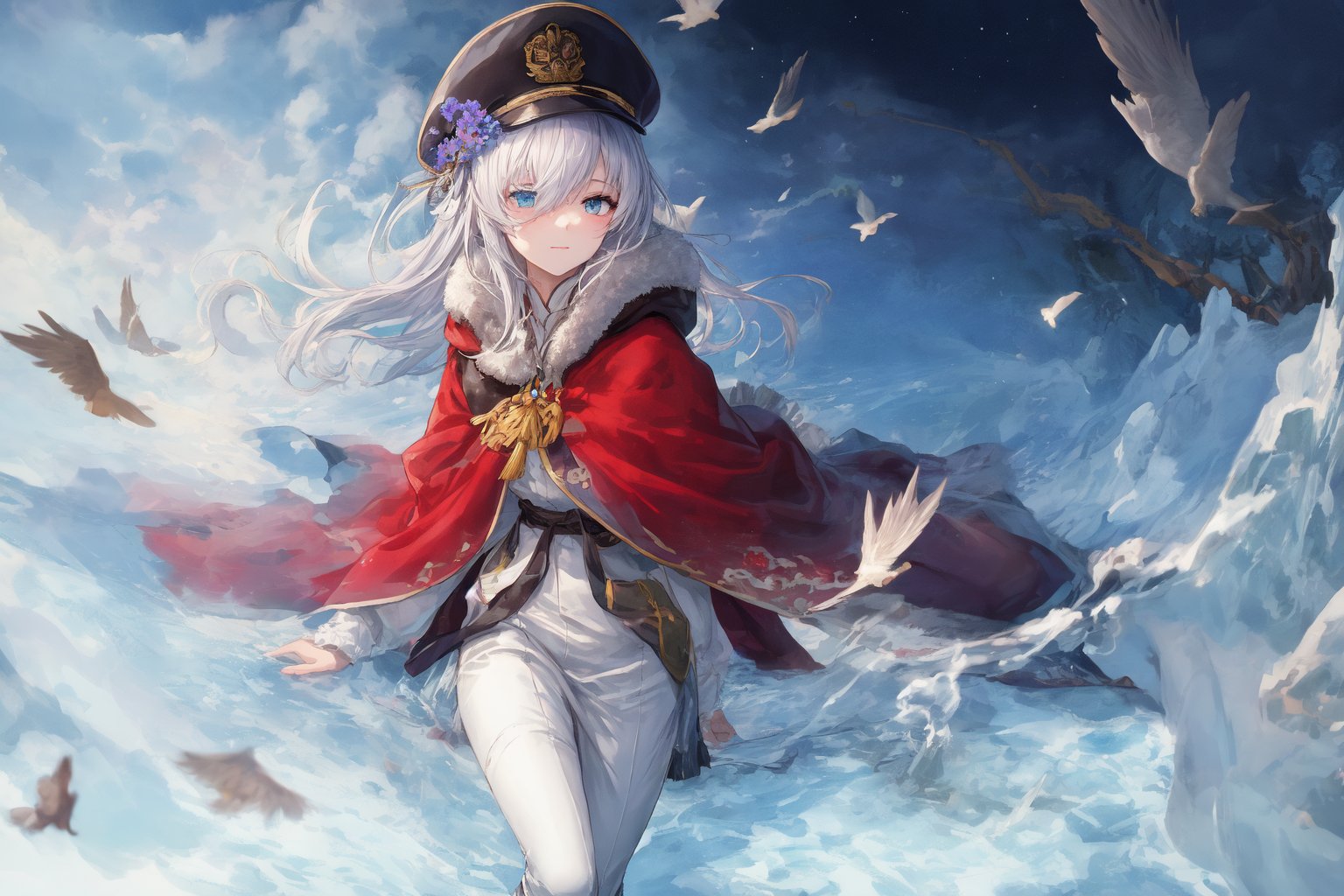 Official Art, Unity 8K Wallpaper, Extreme Detailed, Beautiful and Aesthetic, Masterpiece, Top Quality, perfect anatomy, 

1girl, solo, very long hair, bangs, blue eyes, skirt, indigo vest, long sleeves, hat, red hair, cape, hair over one eye, fur trim, indigo headwear, heterochromia, red cloak, fur-trimmed cloak, white shirt, boots, white pants, chinese clothes, bird, Tula Province, Russian Empire,
Source of life, sparkling stars, water feeder, aquatic tune, ginger, ice water, geranium, oak, impurity glass bottle, tweed cloak, Claret homemade equestrian skirt, Plateau lakes, snow mountains

a beautifully drawn (((ink illustration))) depicting, vintage, Claret and navy blue accents, watercolor painting, concept art, (best illustration), (best shadow), Analog Color Theme, vivid colours, contrast, smooth, sharp focus, scenery, 

(Pencil_Sketch:1.2,masterpiece, midjourney, best quality, incredibly absurdres, messy lines,high detail eyes,More Detail,perfect light,portrait, ,more detail XL,Ukiyo-e, ,ink,colorful,samurai