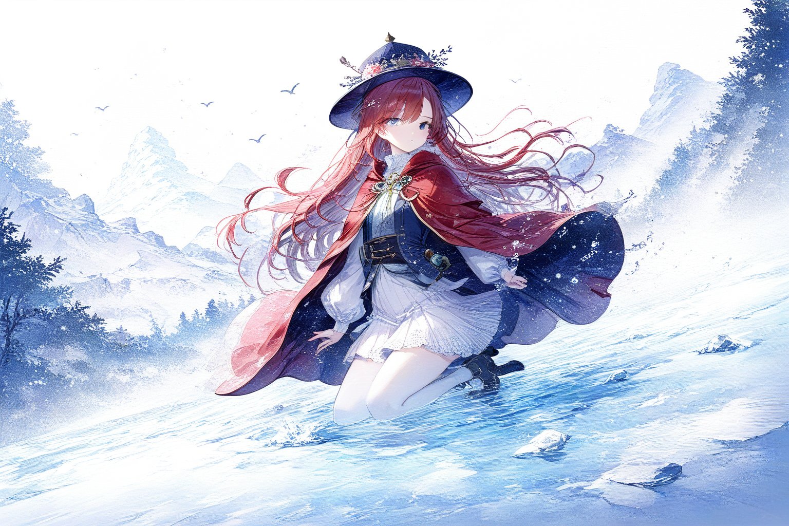 Official Art, Unity 8K Wallpaper, Extreme Detailed, Beautiful and Aesthetic, Masterpiece, Top Quality, perfect anatomy, 

1girl, solo, very long hair, bangs, blue eyes, skirt, indigo vest, long sleeves, hat, red hair, cape, hair over one eye, fur trim, indigo headwear, heterochromia, red cloak, fur-trimmed cloak, white shirt, boots, white pants, chinese clothes, bird, Tula Province, Russian Empire,
Source of life, sparkling stars, water feeder, aquatic tune, ginger, ice water, geranium, oak, impurity glass bottle, tweed cloak, Claret homemade equestrian skirt, Plateau lakes, snow mountains

a beautifully drawn (((ink illustration))) depicting, vintage, Claret and navy blue accents, watercolor painting, concept art, (best illustration), (best shadow), Analog Color Theme, vivid colours, contrast, smooth, sharp focus, scenery, 

(Pencil_Sketch:1.2,masterpiece, midjourney, best quality, incredibly absurdres, messy lines,high detail eyes,More Detail,perfect light,portrait, ,more detail XL,Ukiyo-e, ,ink,colorful,