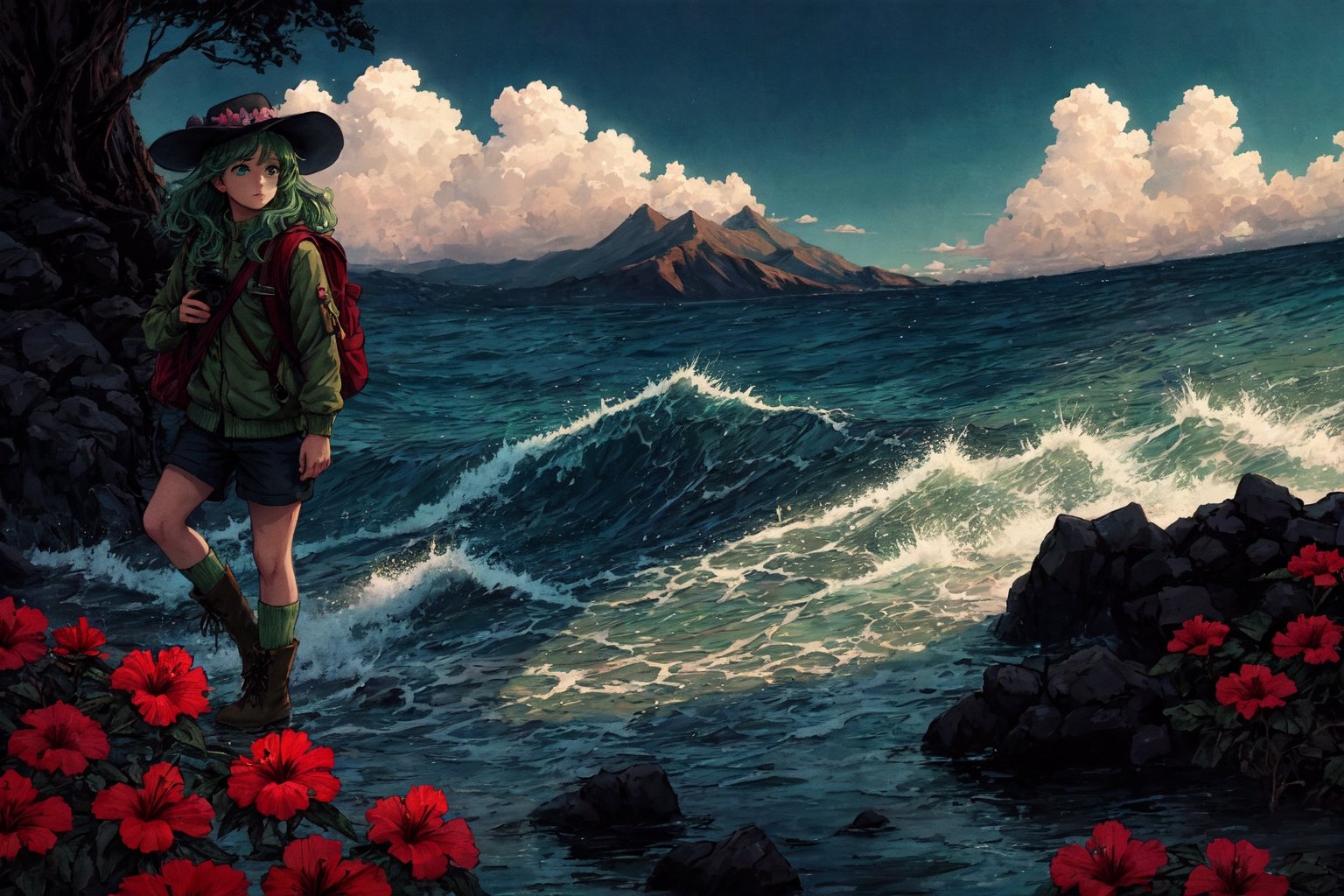 Leilani, Hawaii, hibiscus flowers, waves, Individual combat, Ocean tone, seawater, salt, seaweed, lemon, green leaves, longbow, monocular telescope, 1girl, solo, long hair, shirt, long sleeves, hat, green eyes, pink hair, boots, sky, shorts, socks, bag, brown footwear, backpack, mountain, green shorts, green socks,(masterpiece