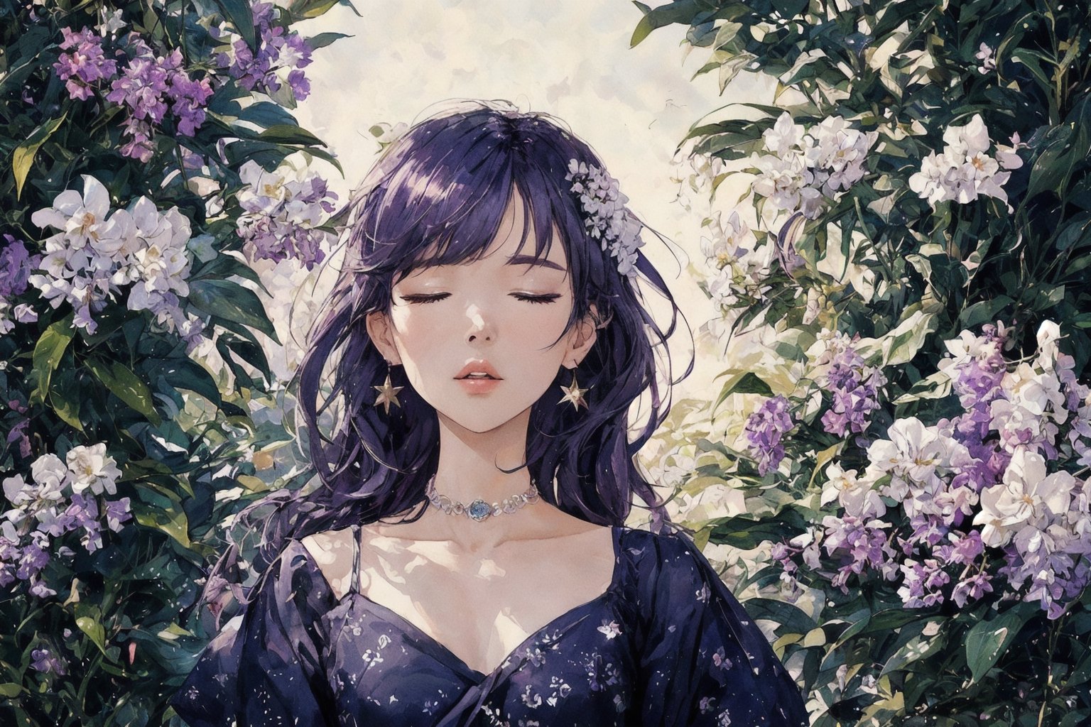 Official Art, Unity 8K Wallpaper, Extreme Detailed, Beautiful and Aesthetic, Masterpiece, Top Quality, perfect anatomy, 

1girl, solo, long hair, bangs, hair ornament, dress, jewelry, closed eyes, upper body, purple hair, flower, earrings, parted lips, hair flower, head tilt, book, eyelashes, makeup, halo, white flower, crescent, facing viewer, book stack, hyacinth, star_(sky), 

a beautifully drawn (((ink illustration))) depicting, vintage, RED and INDIGO accents, watercolor painting, concept art, (best illustration), (best shadow), Analog Color Theme, vivid colours, contrast, smooth, sharp focus, scenery, 

(Pencil_Sketch:1.2,masterpiece, midjourney, best quality, incredibly absurdres, messy lines,high detail eyes,More Detail,perfect light,portrait, 