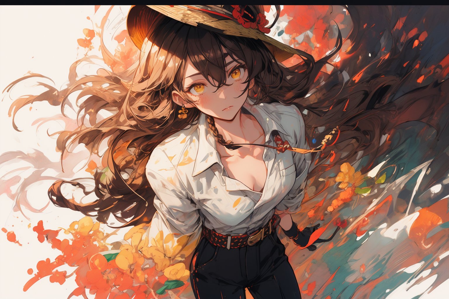 Official Art, Unity 8K Wallpaper, Extreme Detailed, Beautiful and Aesthetic, Masterpiece, Top Quality, perfect anatomy, 

1girl, solo, long hair, brown hair, shirt, gloves, holding, hair between eyes, standing, collarbone, yellow eyes, white shirt, belt, pants, single braid, black headwear, black pants, hair over shoulder, shirt tucked in, fake facial hair, fake mustache, Los Angeles, film stock, tracery, leather tones, cinnamon, cocoa nut, vanilla, amber, tolu balsam, notched fedora, bamboo cane, olive green cotton headband, stuntman,

a beautifully drawn (((ink illustration))) depicting, vintage, brown and green accents, watercolor painting, concept art, (best illustration), (best shadow), Analog Color Theme, vivid colours, contrast, smooth, sharp focus, scenery, 

(Pencil_Sketch:1.2,masterpiece, midjourney, best quality, incredibly absurdres, messy lines,high detail eyes,More Detail,perfect light,portrait, ,more detail XL,Ukiyo-e, ,ink,colorful,